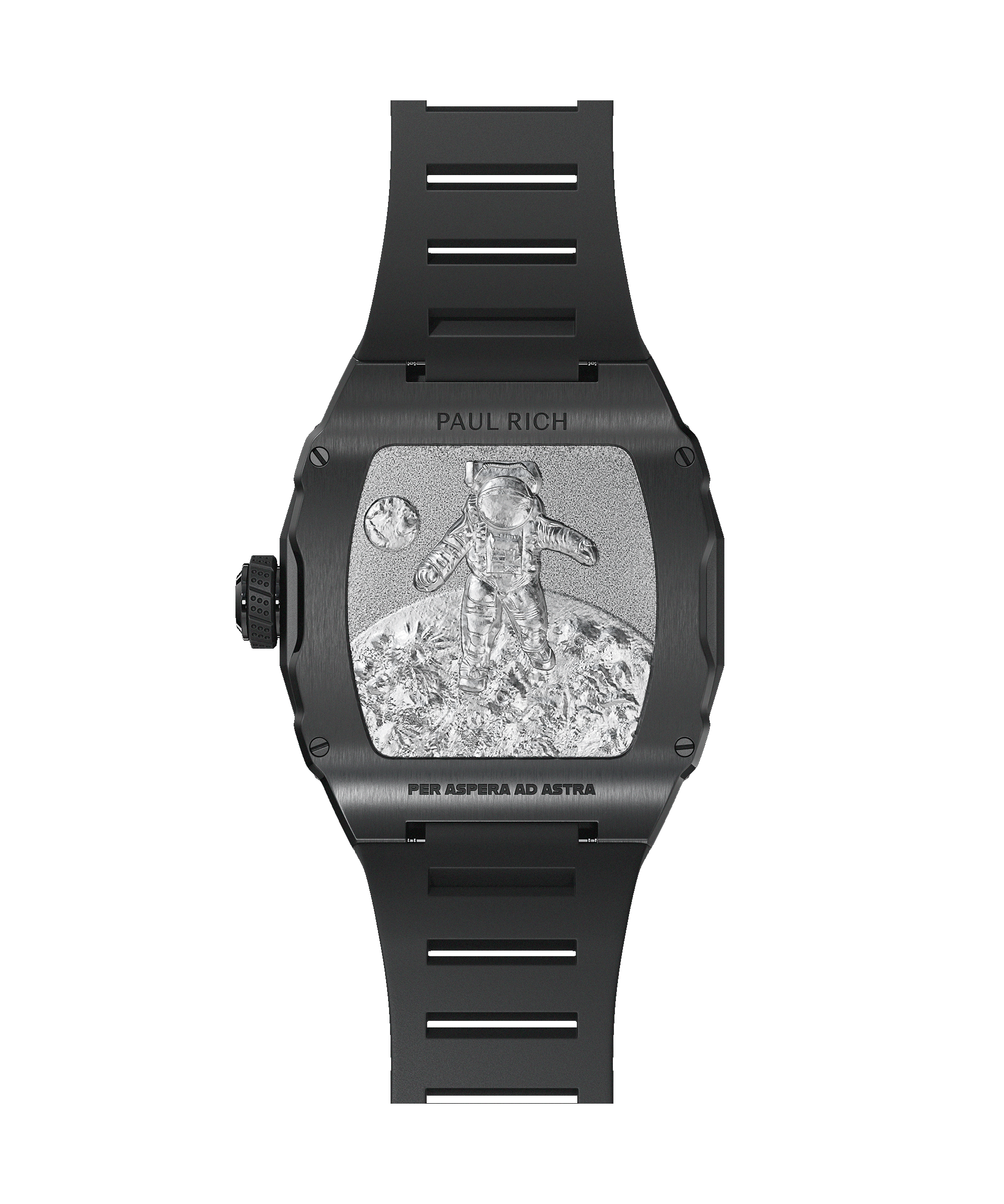 Caseback of Paul Rich watch featuring engraved astronaut on lunar surface with “PER ASPERA AD ASTRA” and black rubber strap.
