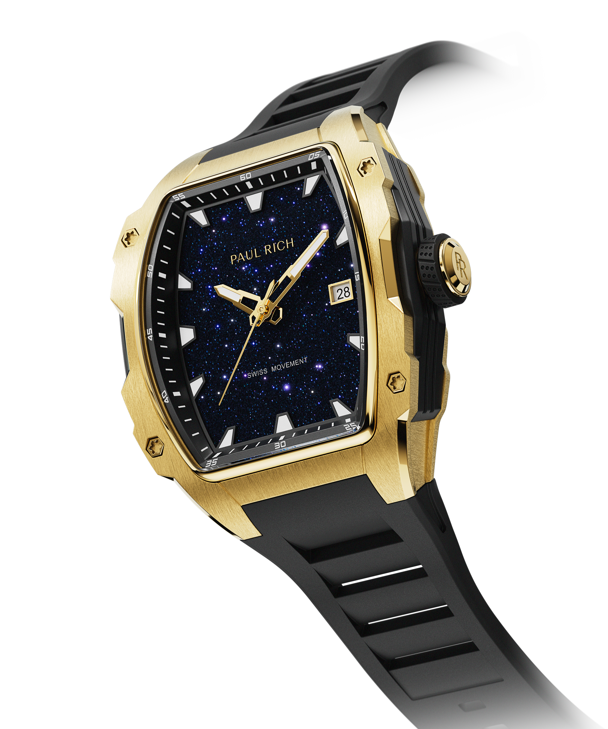 Angled view of a Paul Rich gold-tonneau watch with blue aventurine dial, gold-tone hands, date window, and black rubber strap.