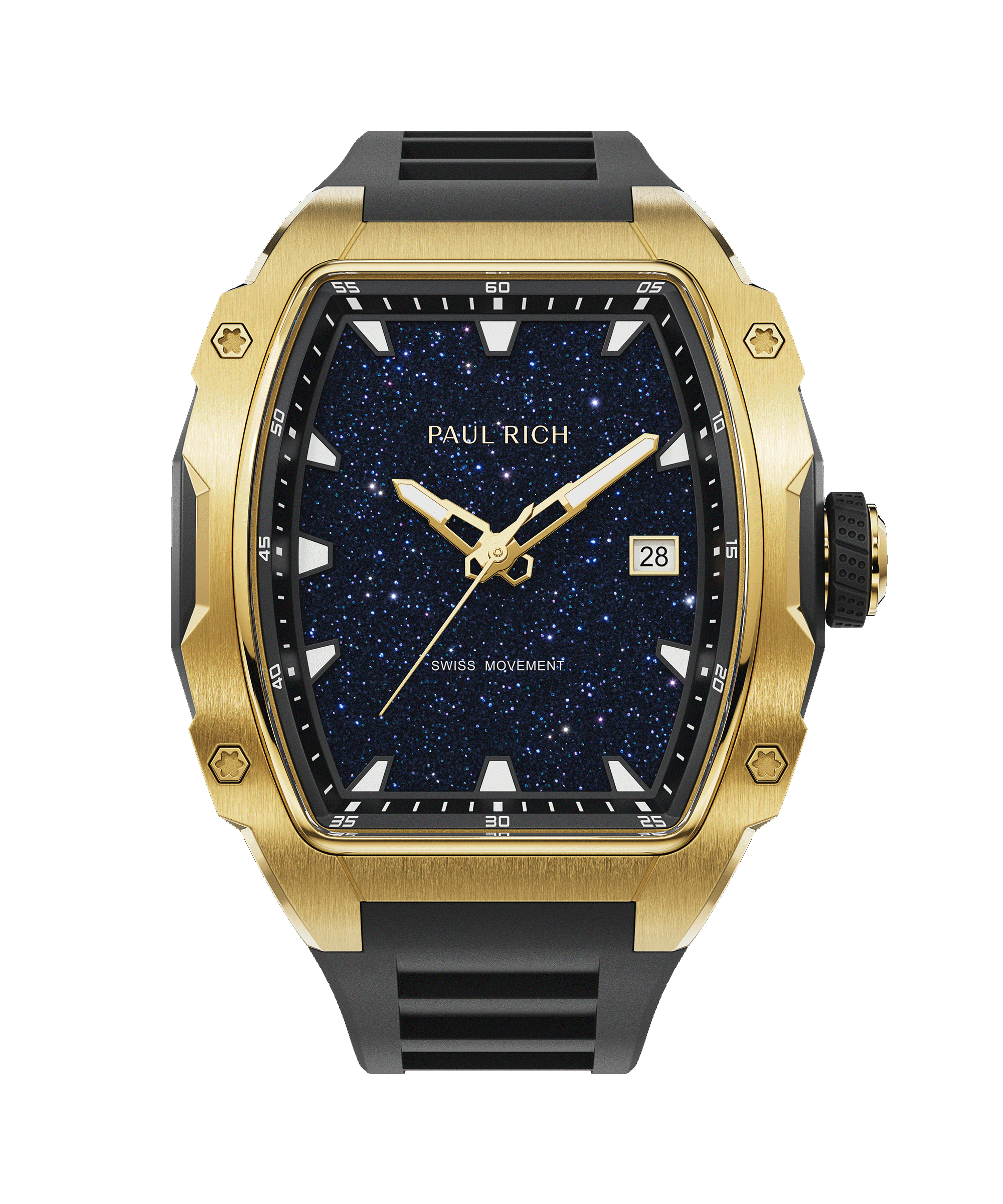 Front view of a Paul Rich gold-tonneau watch with blue aventurine dial, gold-tone hour, minute, and second hands, date window, and black rubber strap.
