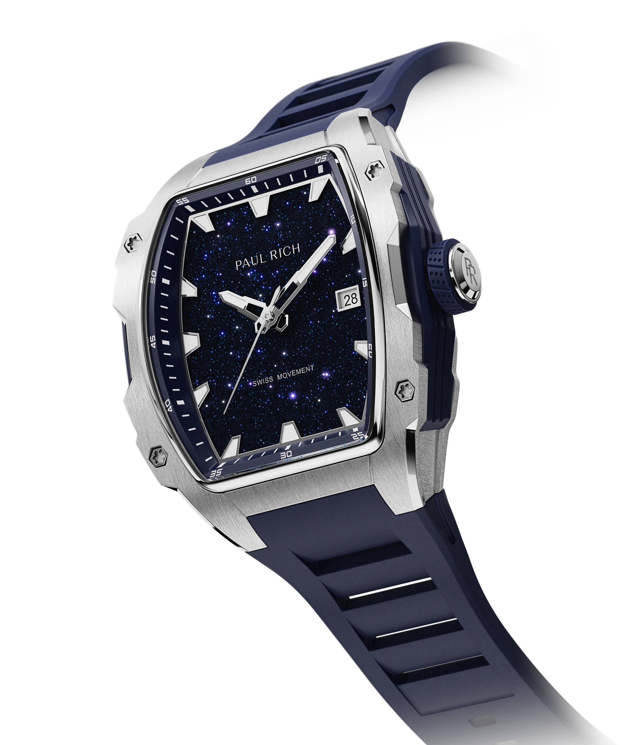 Angled view of a Paul Rich silver-tonneau watch with blue aventurine dial, silver hands, date window, and blue textured rubber strap.