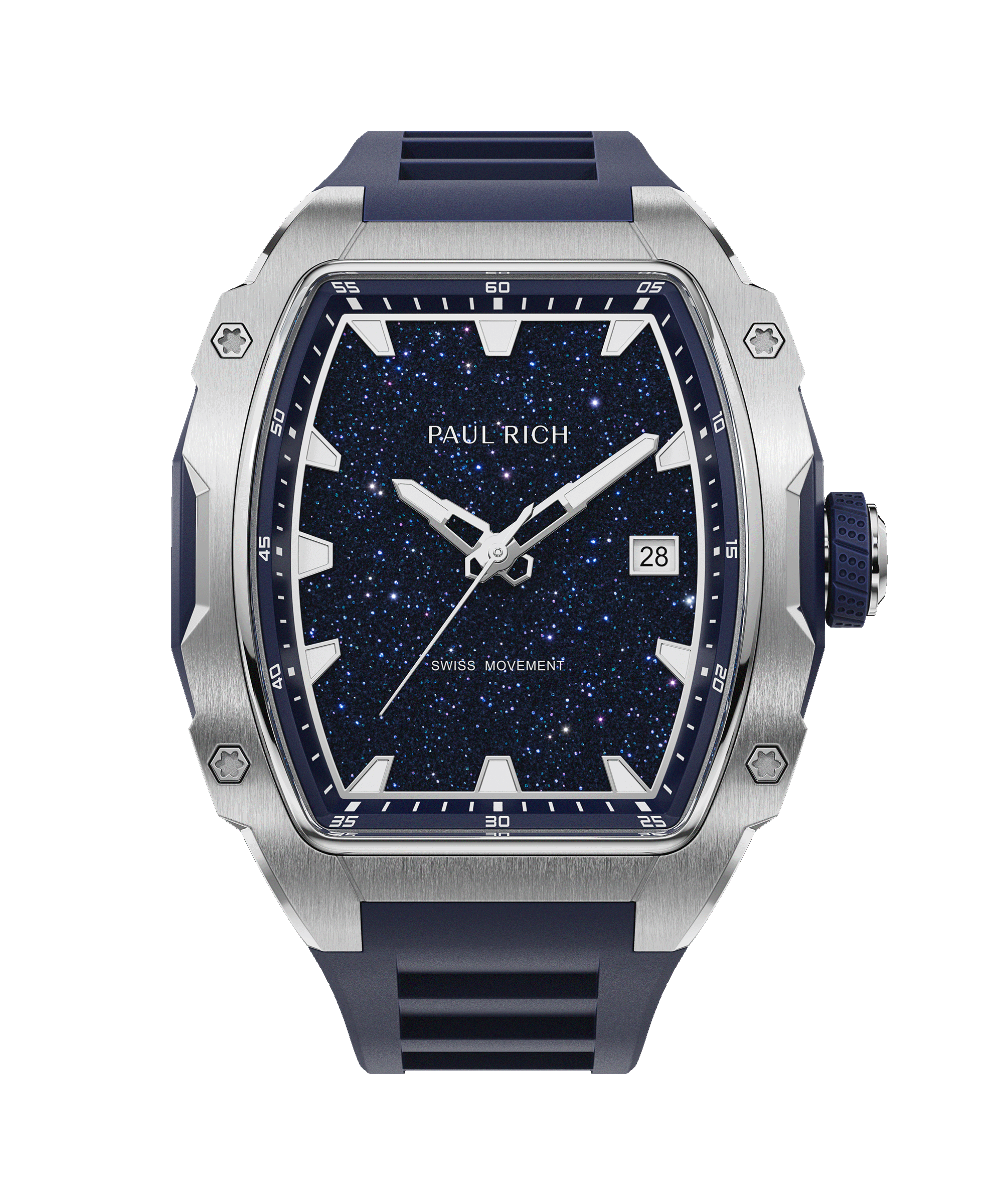 Front view of a Paul Rich silver-tonneau watch with blue aventurine dial, silver hands, date window, and blue rubber strap.