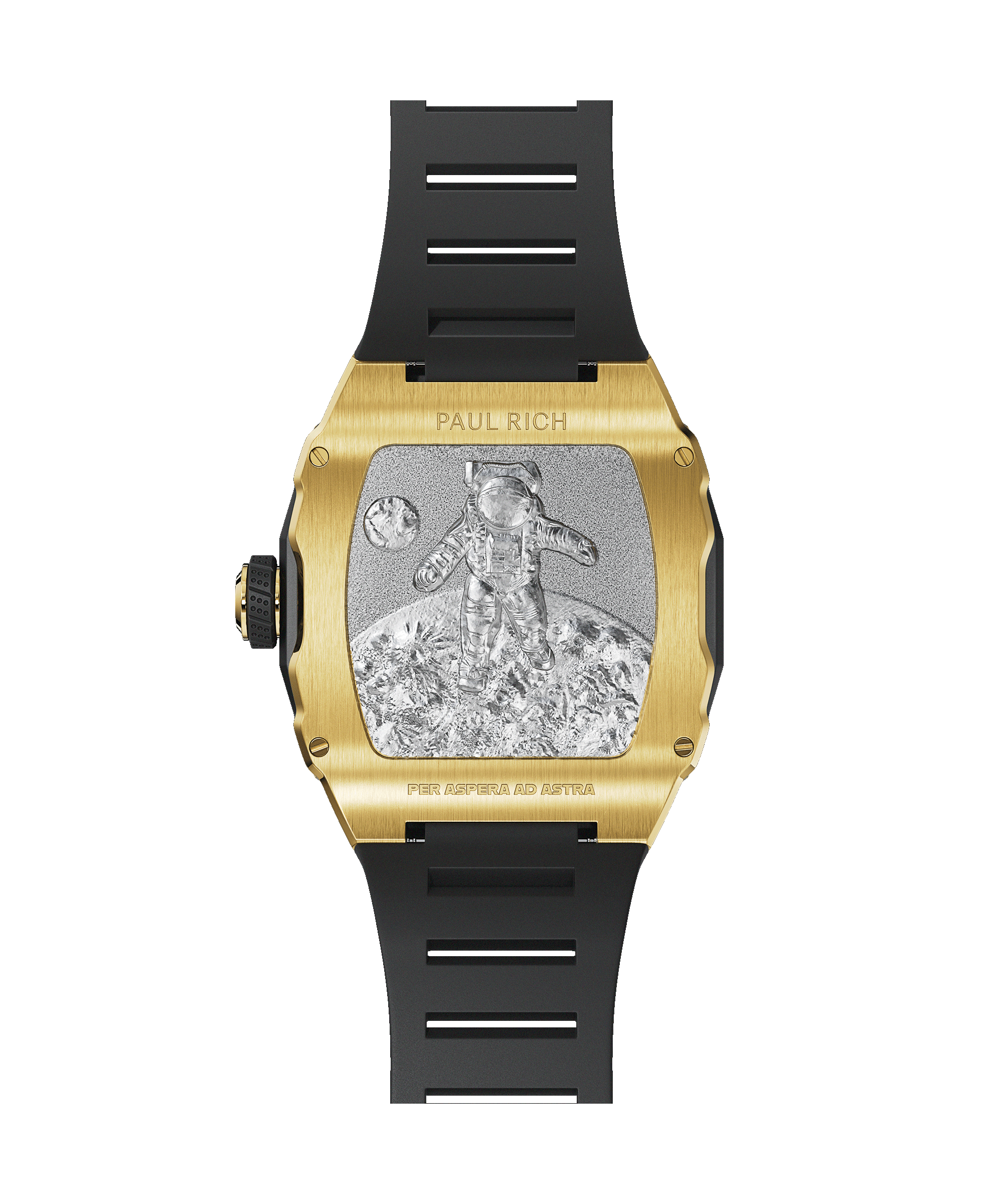 Back view of a Paul Rich gold-tonneau watch with engraved astronaut on the moon, “PER ASPERA AD ASTRA” inscription, and black rubber strap.
