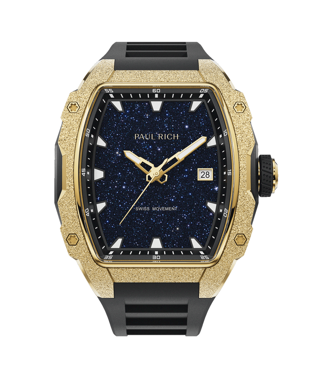Front view of Paul Rich watch with blue aventurine dial, gold frosted bezel, date display, and black rubber strap.