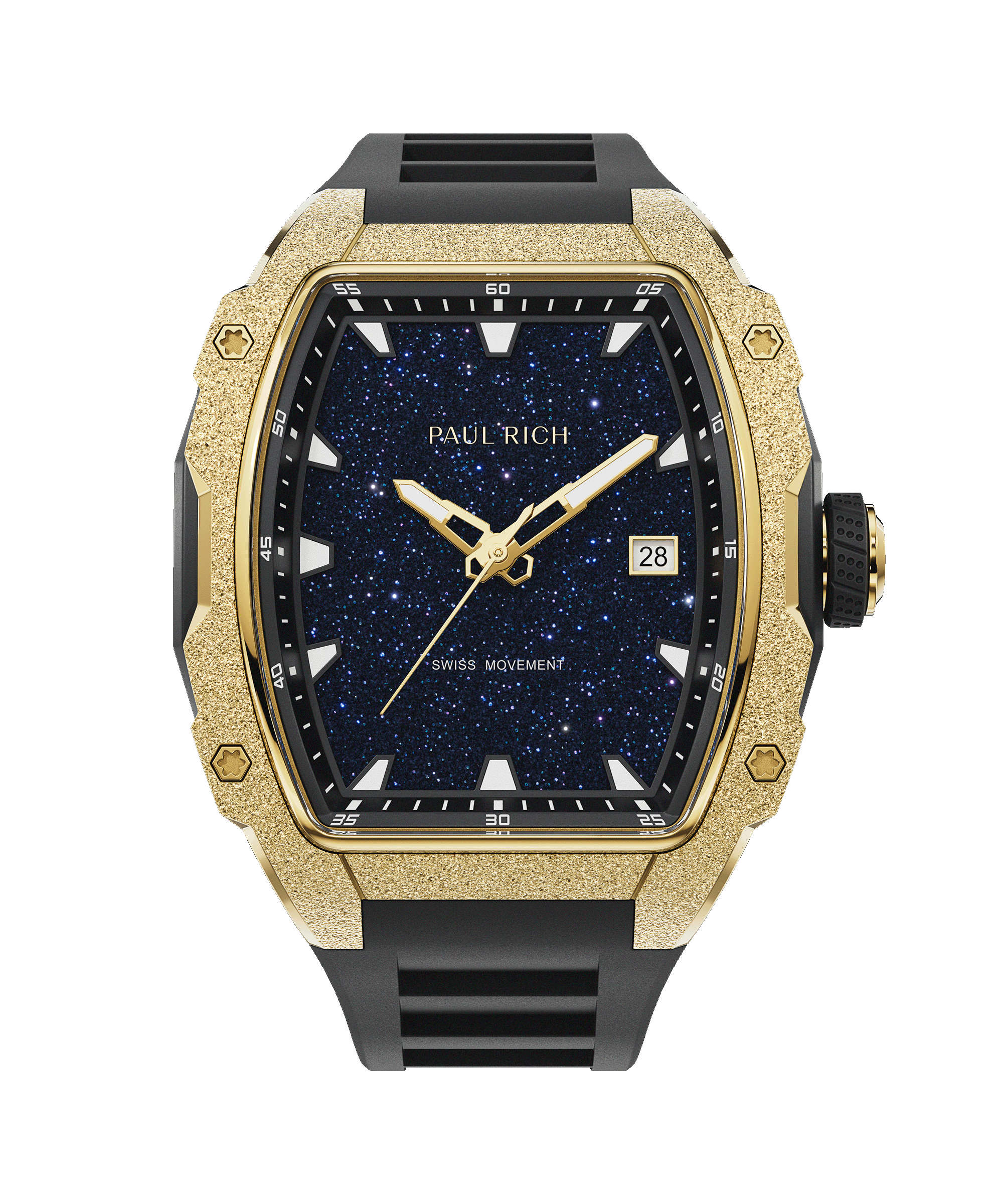 Front view of Paul Rich watch with blue aventurine dial, gold frosted bezel, date display, and black rubber strap.