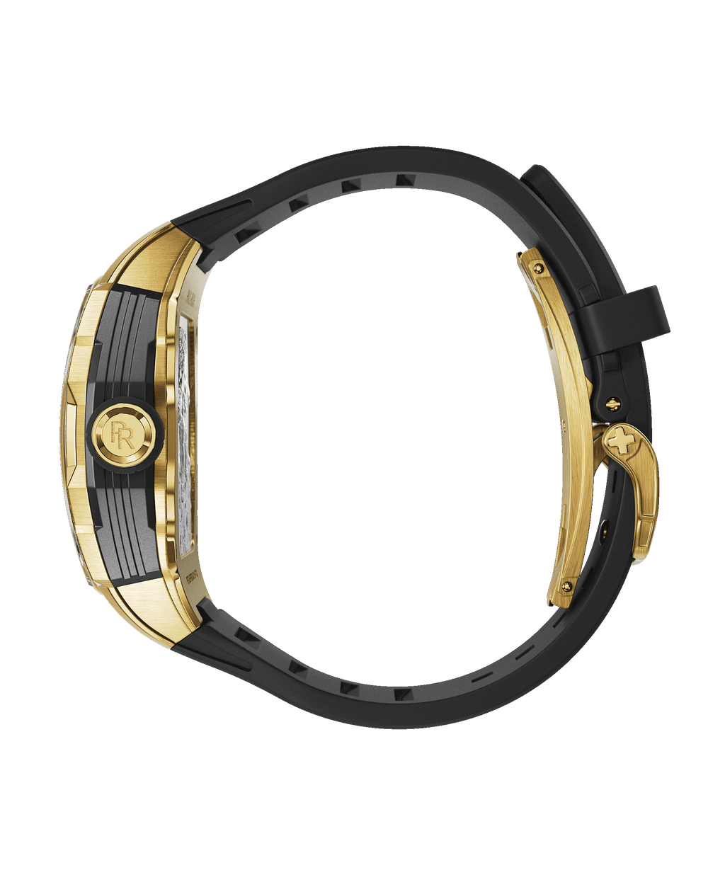 Side view of Paul Rich Astro Meteora with gold case, black rubber strap, and engraved PR logo on the gold crown.