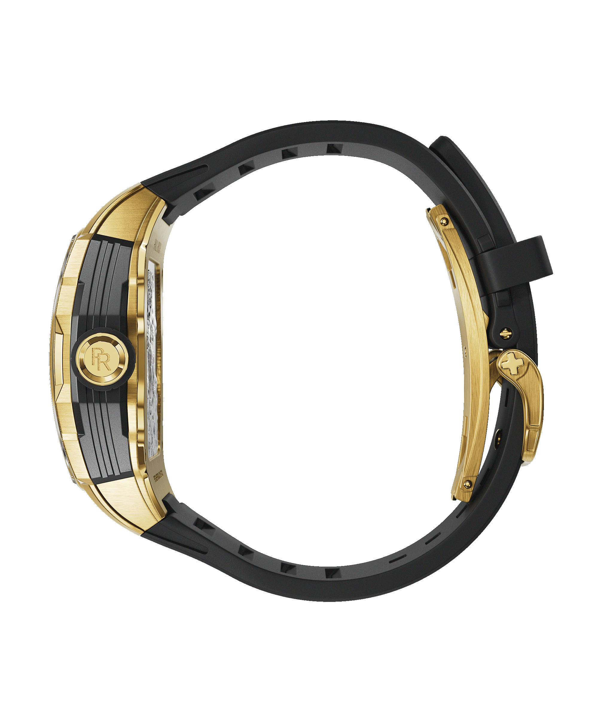 Side view of Paul Rich Astro Meteora with gold case, black rubber strap, and engraved PR logo on the gold crown.