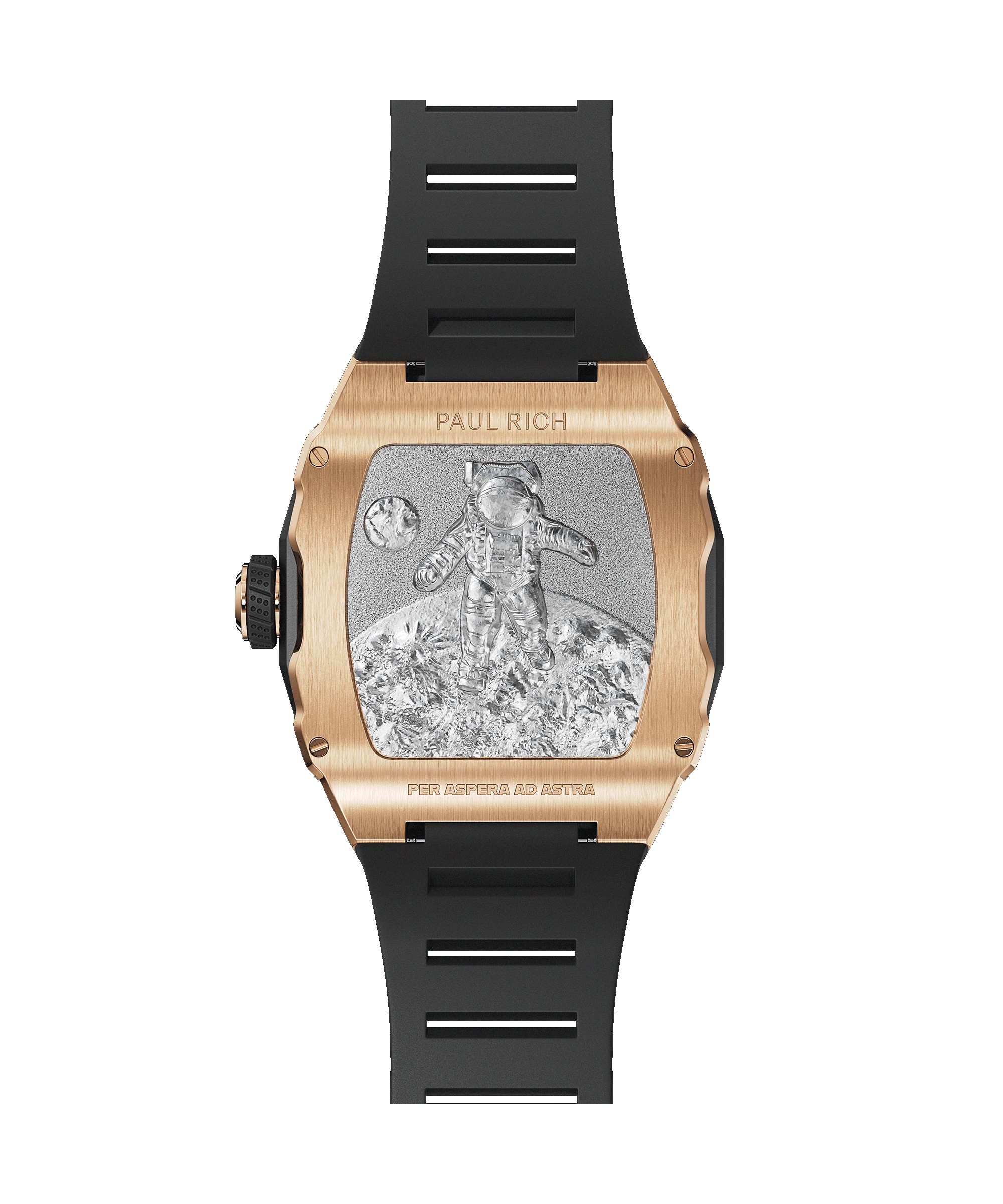 Caseback of Paul Rich watch with rose gold casing, astronaut engraving on lunar surface, black rubber strap, and “PER ASPERA AD ASTRA” text.