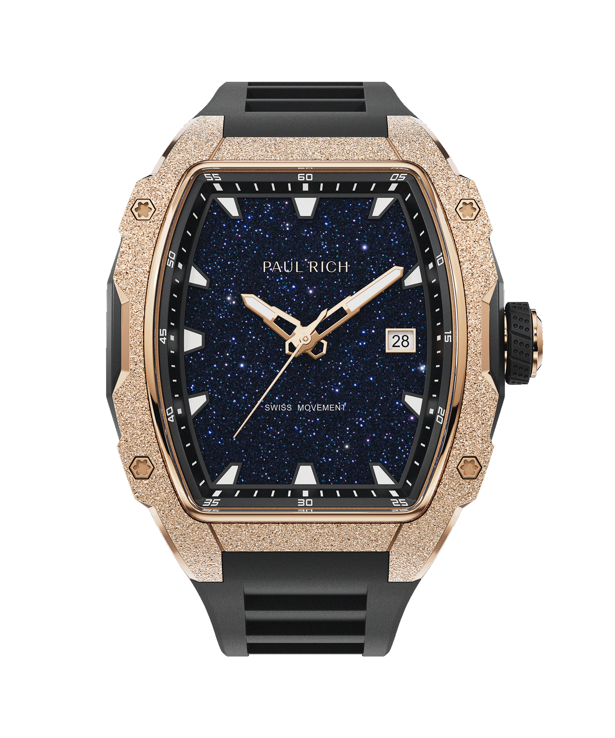 Front view of Paul Rich watch with blue aventurine dial, rose gold frosted bezel, date display, and black rubber strap.
