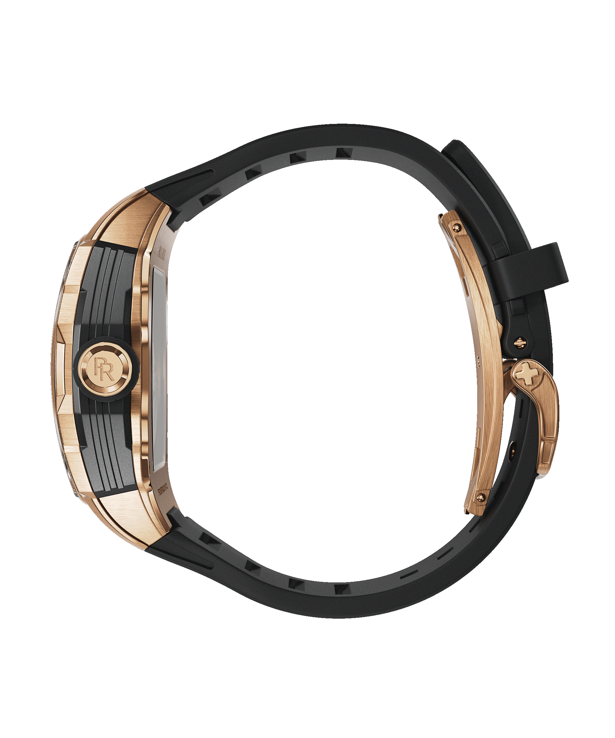 Side view of Paul Rich watch with rose gold PR monogram crown, brushed rose gold case, and curved black rubber strap with matching clasp.