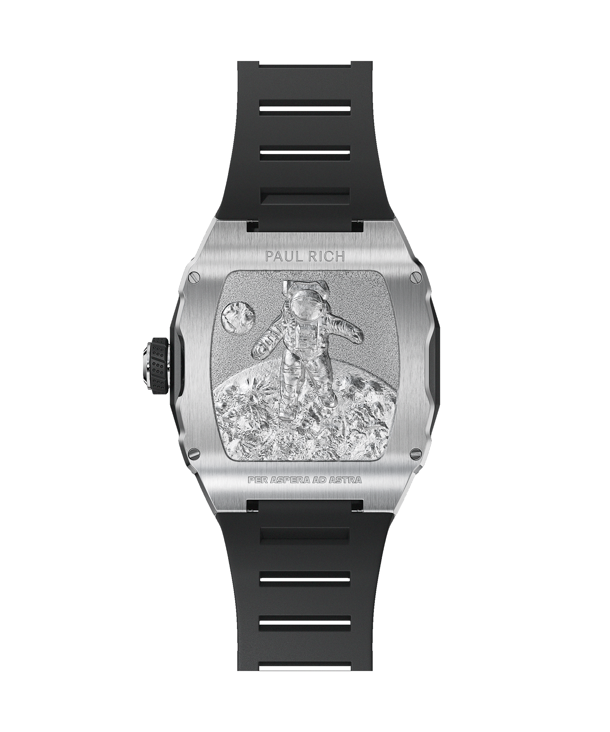 Caseback of Paul Rich watch with silver engraving of astronaut on lunar surface, black rubber strap, and “PER ASPERA AD ASTRA” text.