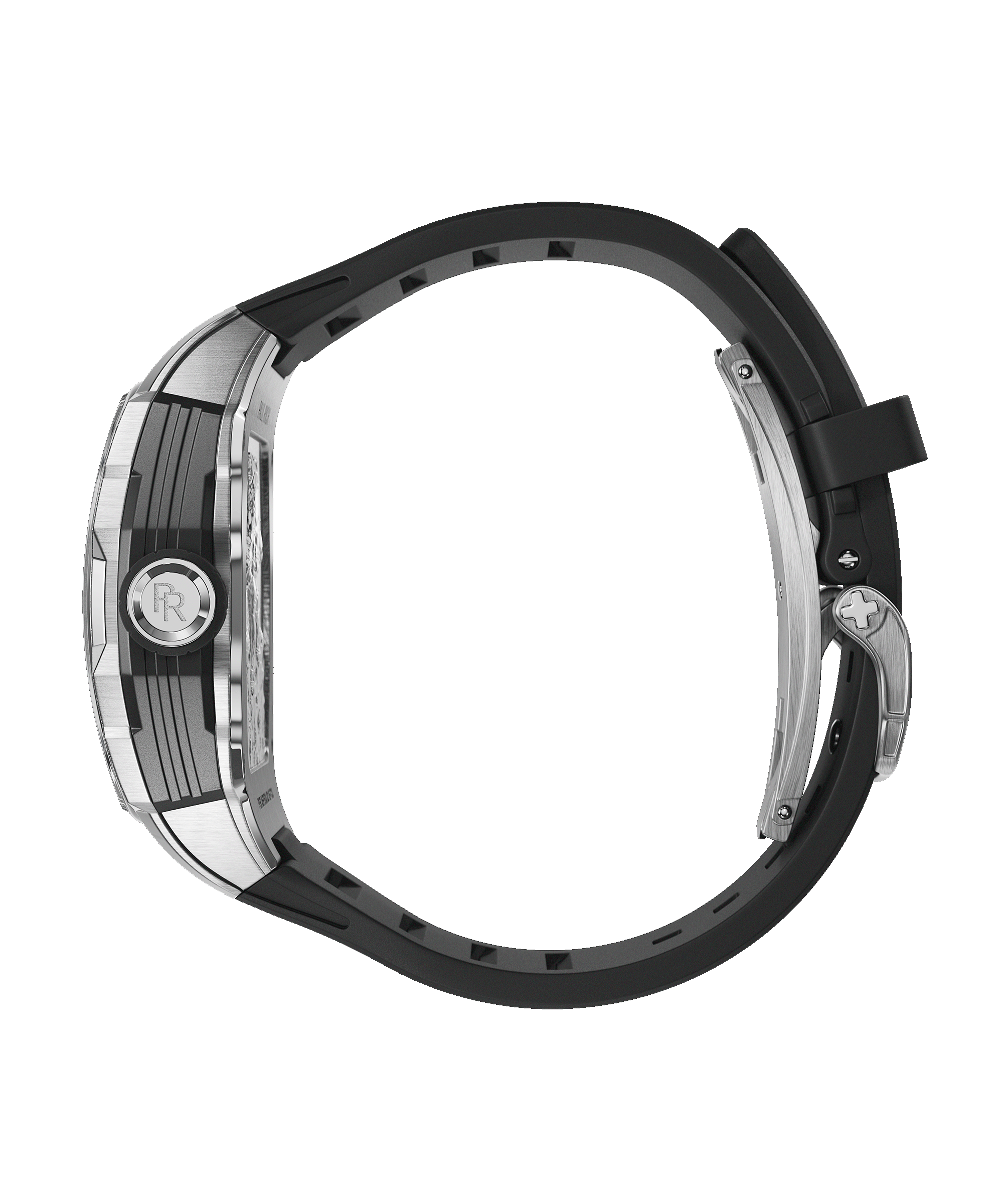 Side view of Paul Rich watch with silver PR monogram crown, brushed silver case edge, and curved black rubber strap with deployment clasp.