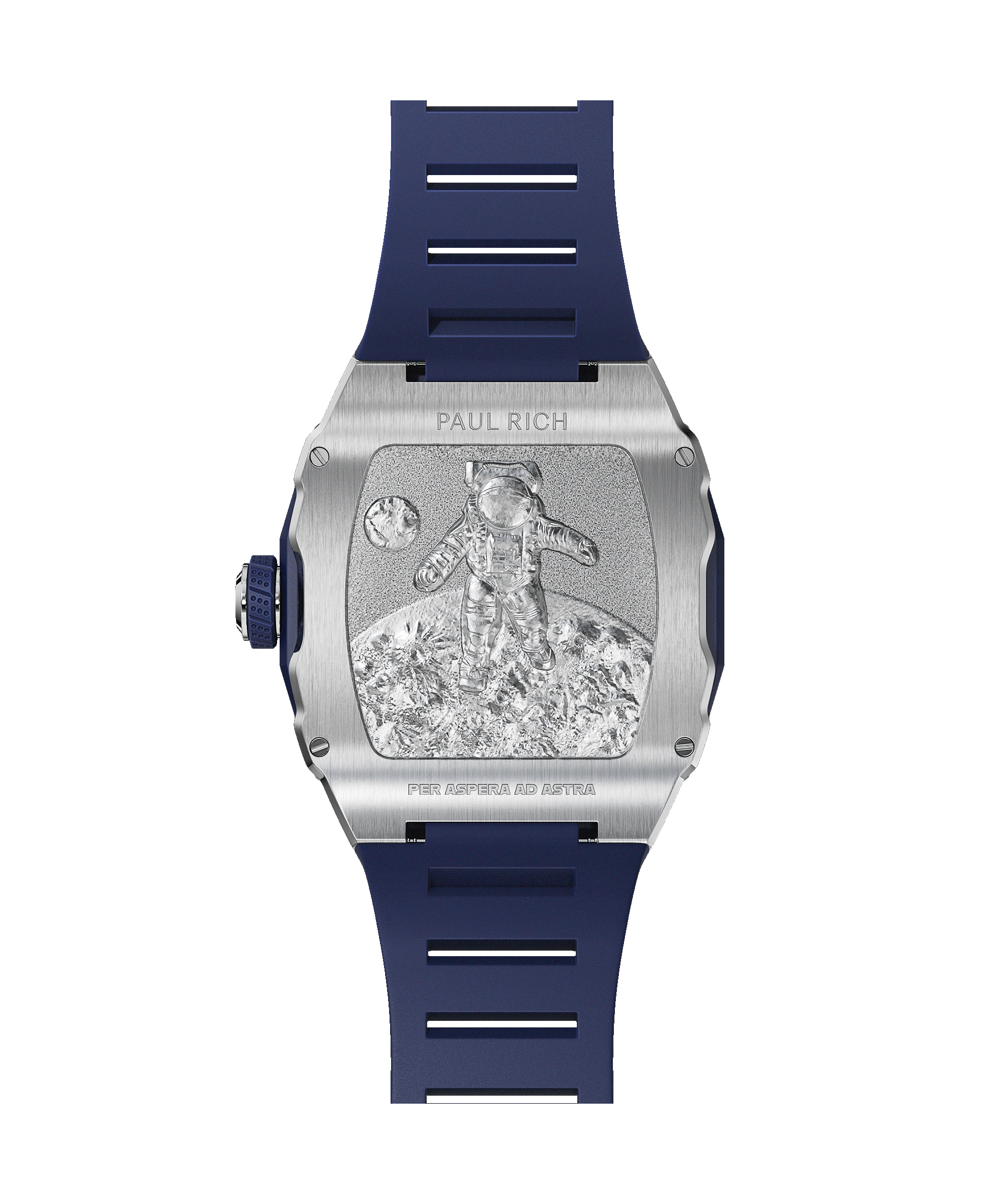 Back of Paul Rich tonneau-shaped watch showing engraved astronaut on lunar surface with 'PER ASPERA AD ASTRA' and blue rubber strap.