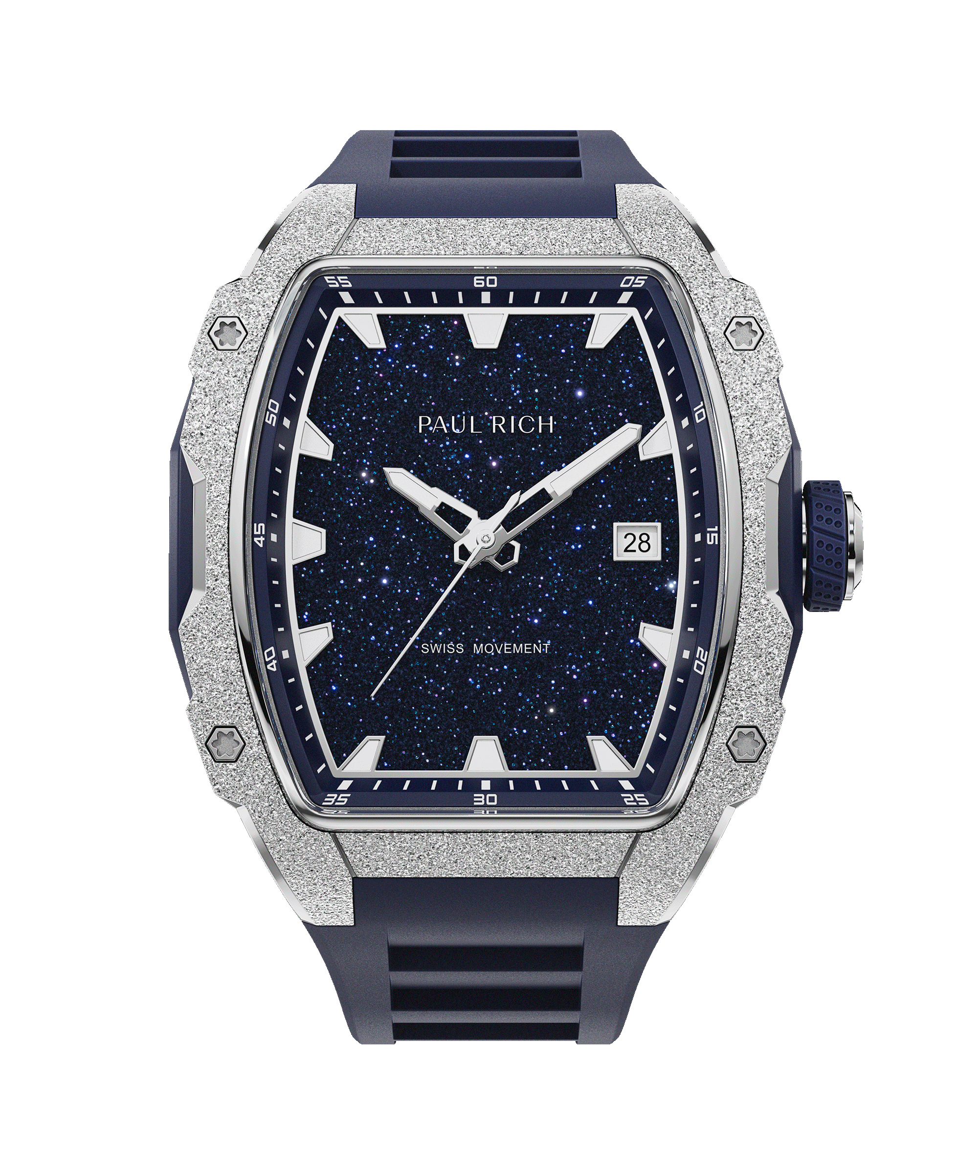Paul Rich watch with frosted silver bezel, blue aventurine dial, date window, and blue rubber strap, in a tonneau-shaped case.