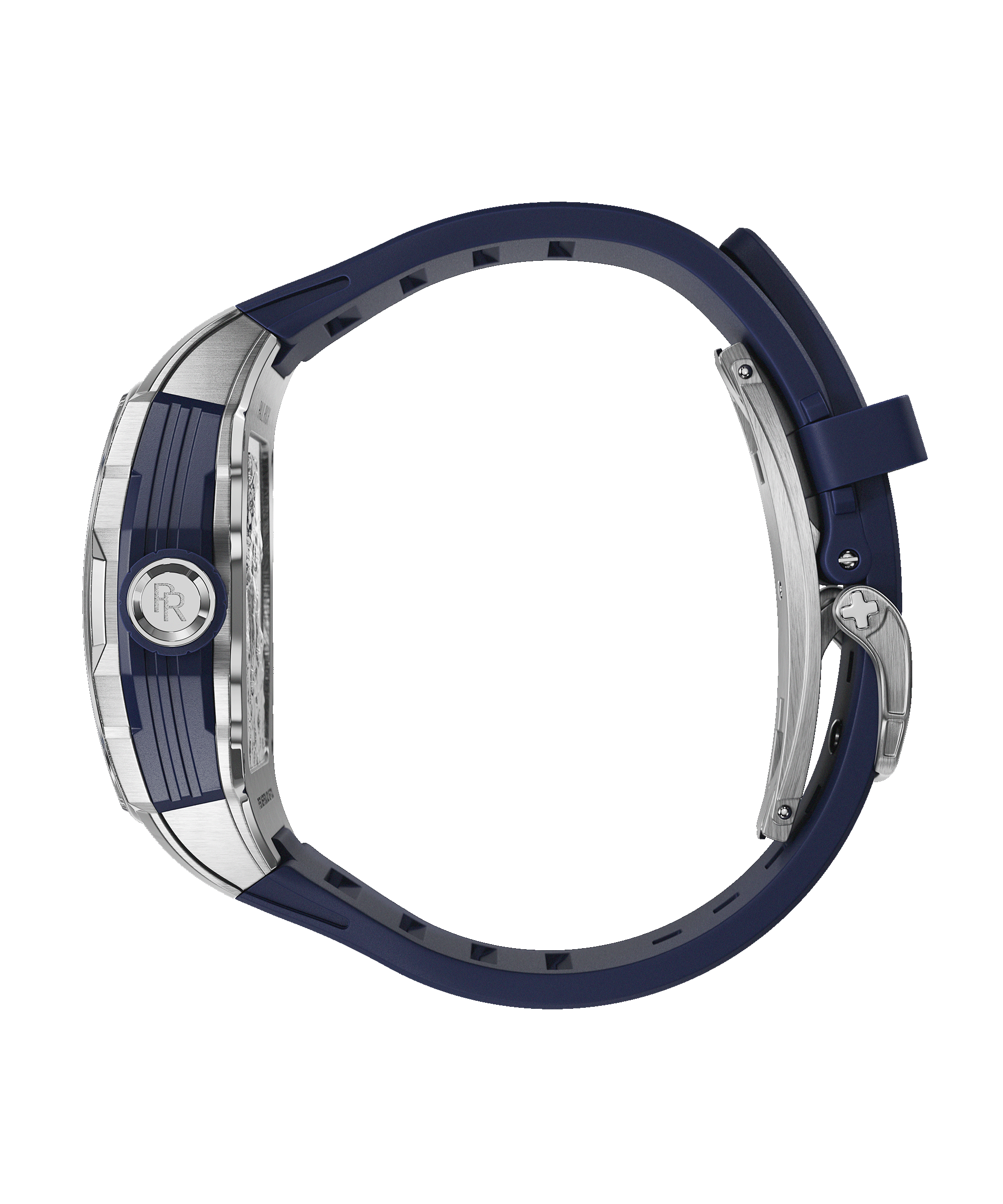 Side view of Paul Rich watch with blue rubber strap, stainless steel clasp, PR monogram crown, and tonneau-shaped case, shown closed.