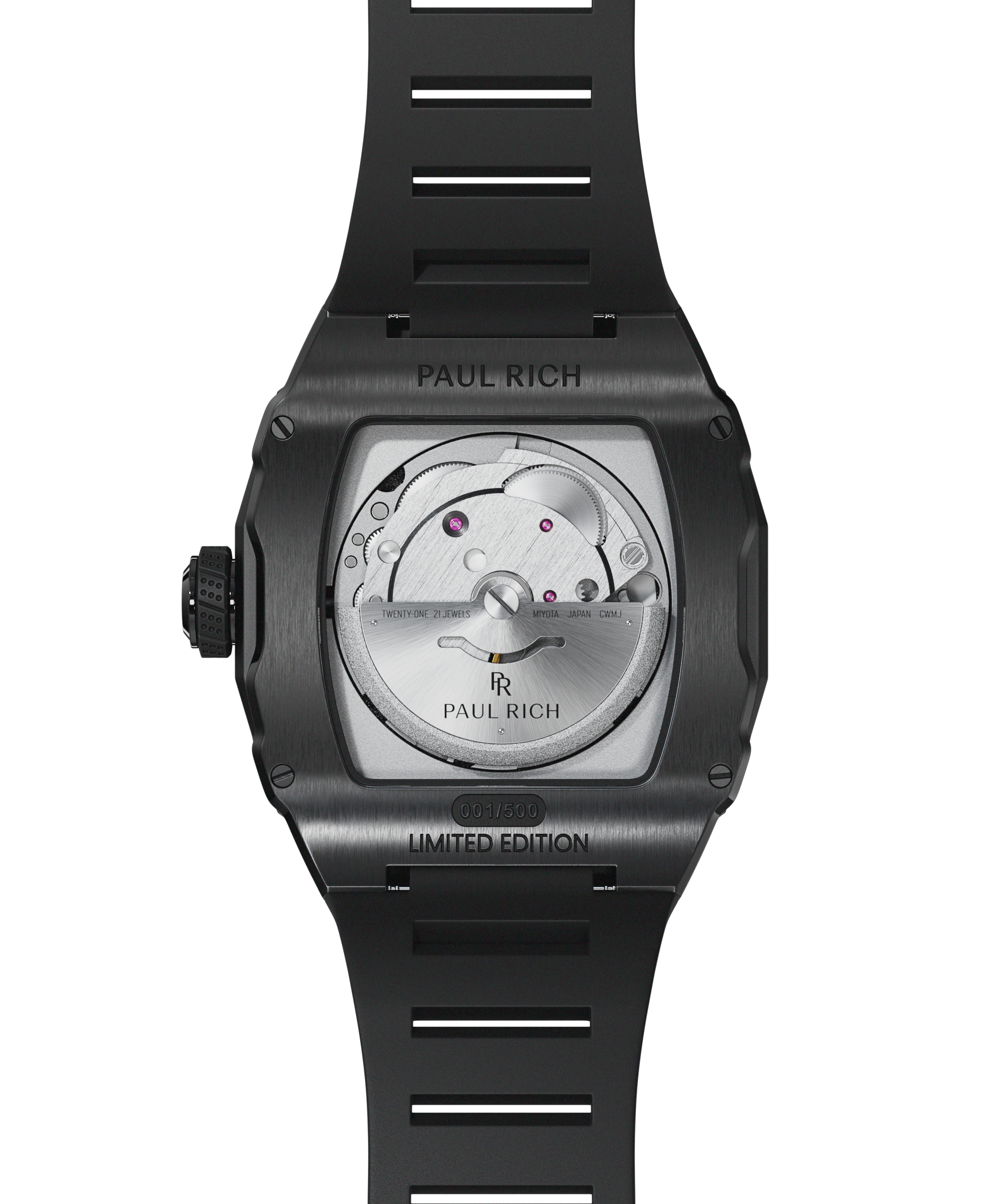 Back view of Paul Rich Astro Meteora with open caseback showing Miyota movement, black brushed case, and black rubber strap, limited edition.