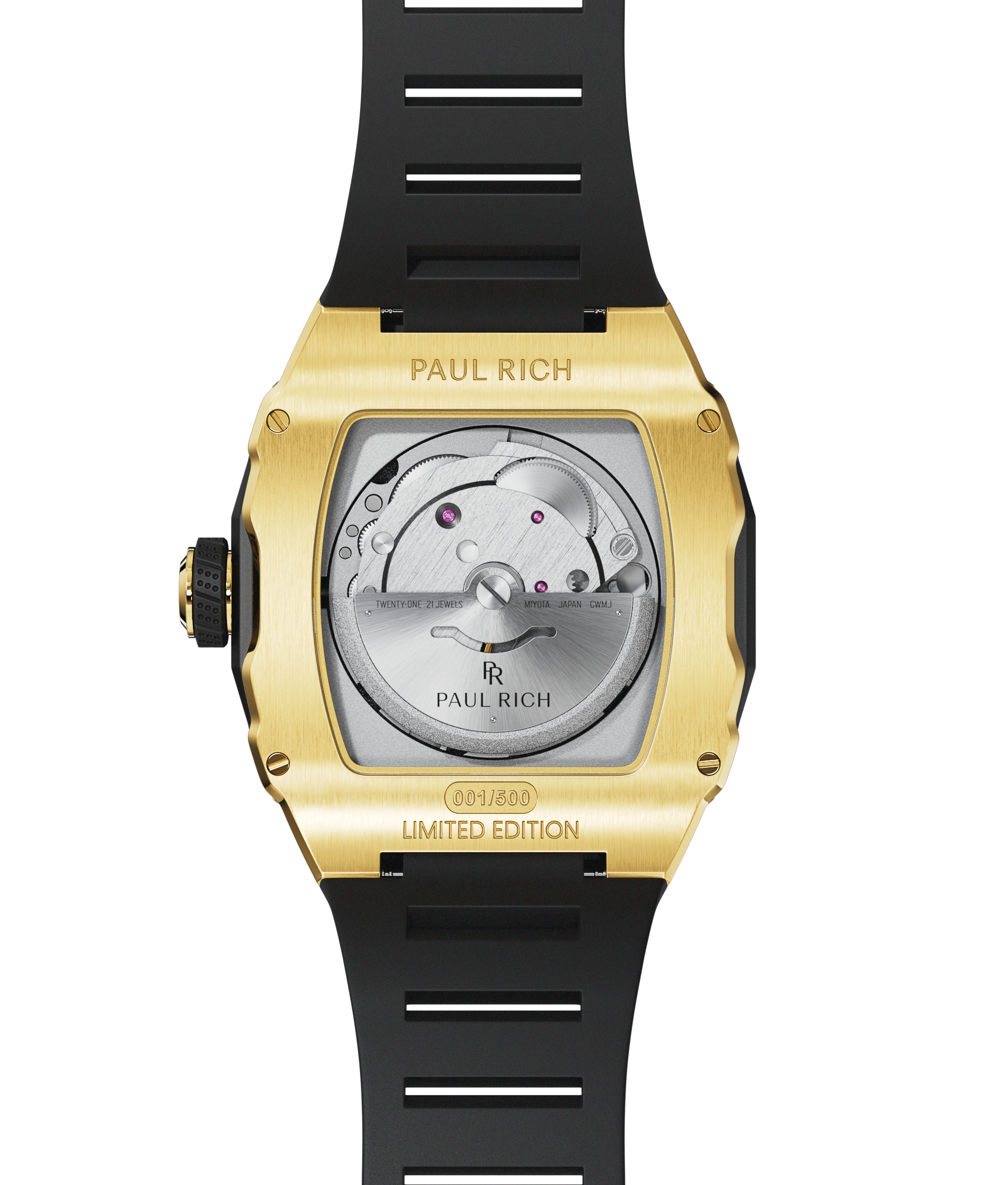 Caseback of Paul Rich Astro Meteora in gold, showcasing Miyota automatic movement, limited edition engraving, and black rubber strap.
