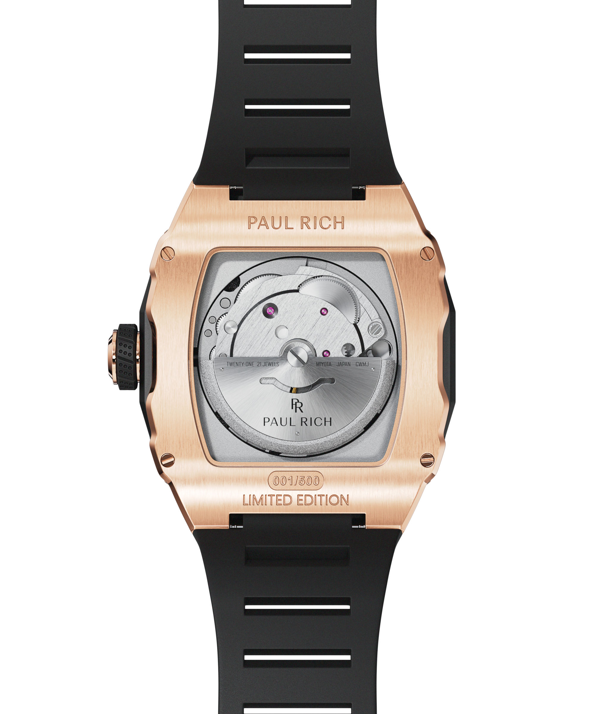 Caseback of Paul Rich Astro Meteora with rose gold finish, showcasing Miyota automatic movement, limited edition engraving, and black strap.