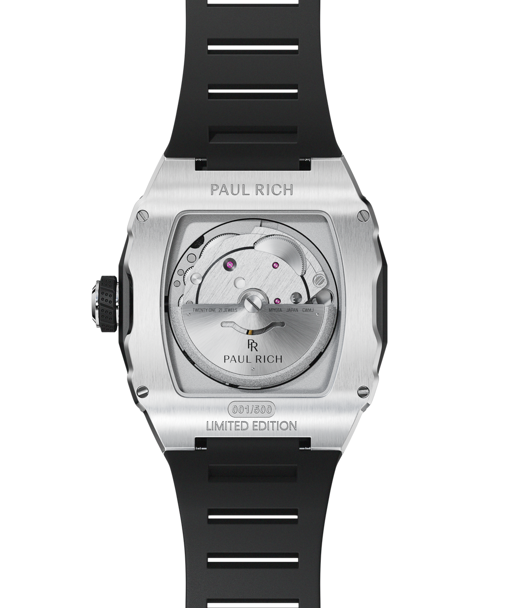 Caseback of Paul Rich Astro Meteora in silver, featuring Miyota automatic movement, limited edition engraving, and black rubber strap.