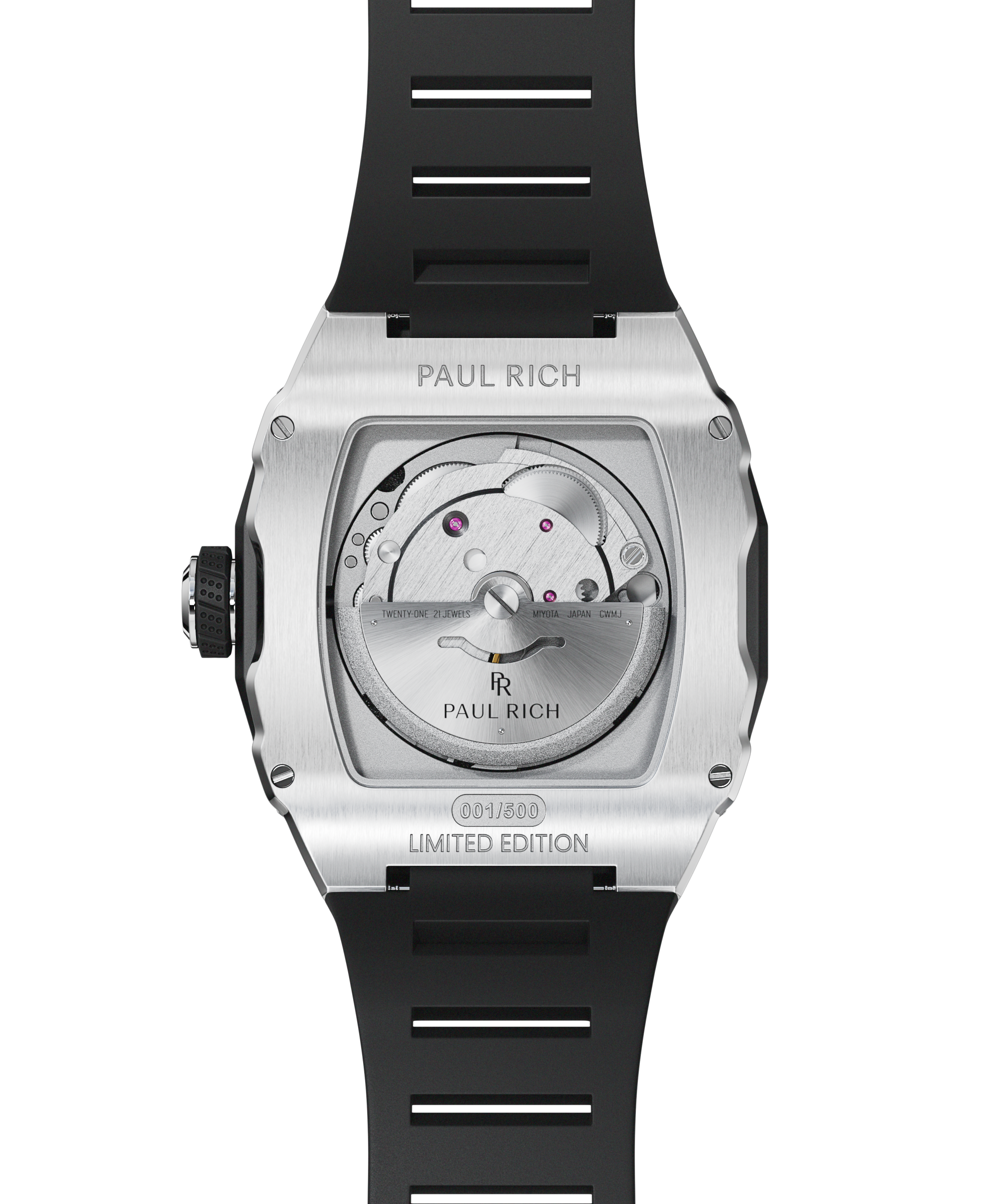Caseback of Paul Rich Astro Meteora in silver, featuring Miyota automatic movement, limited edition engraving, and black rubber strap.