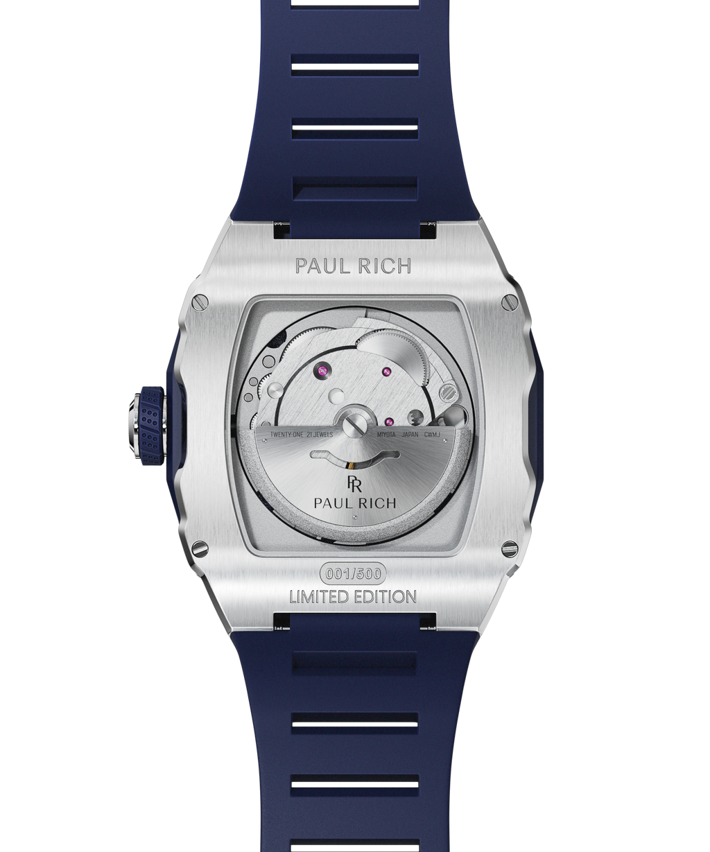Caseback of Paul Rich Astro Meteora watch showing automatic Miyota movement, limited edition engraving, and navy blue rubber strap.