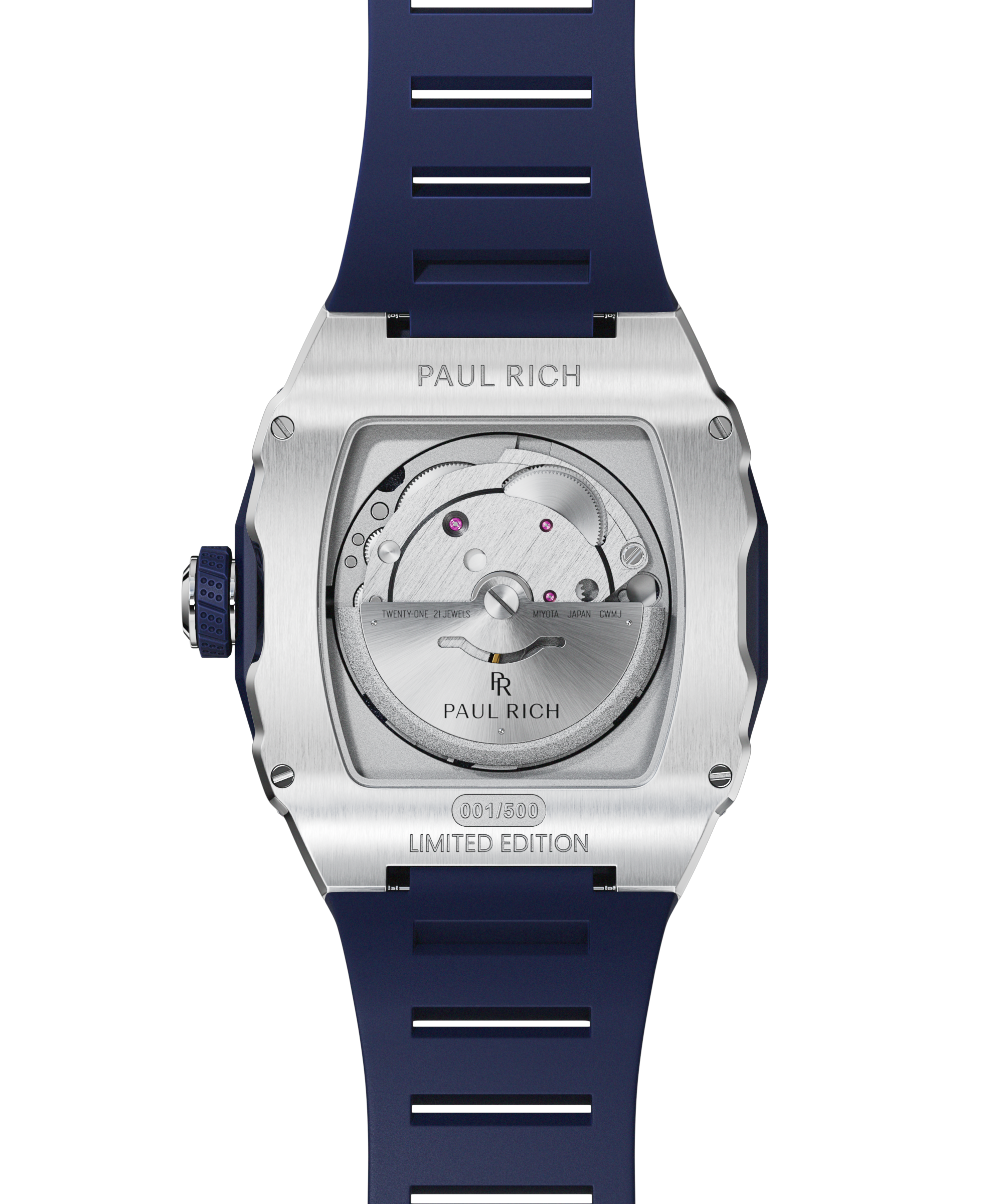 Caseback of Paul Rich Astro Meteora watch showing automatic Miyota movement, limited edition engraving, and navy blue rubber strap.