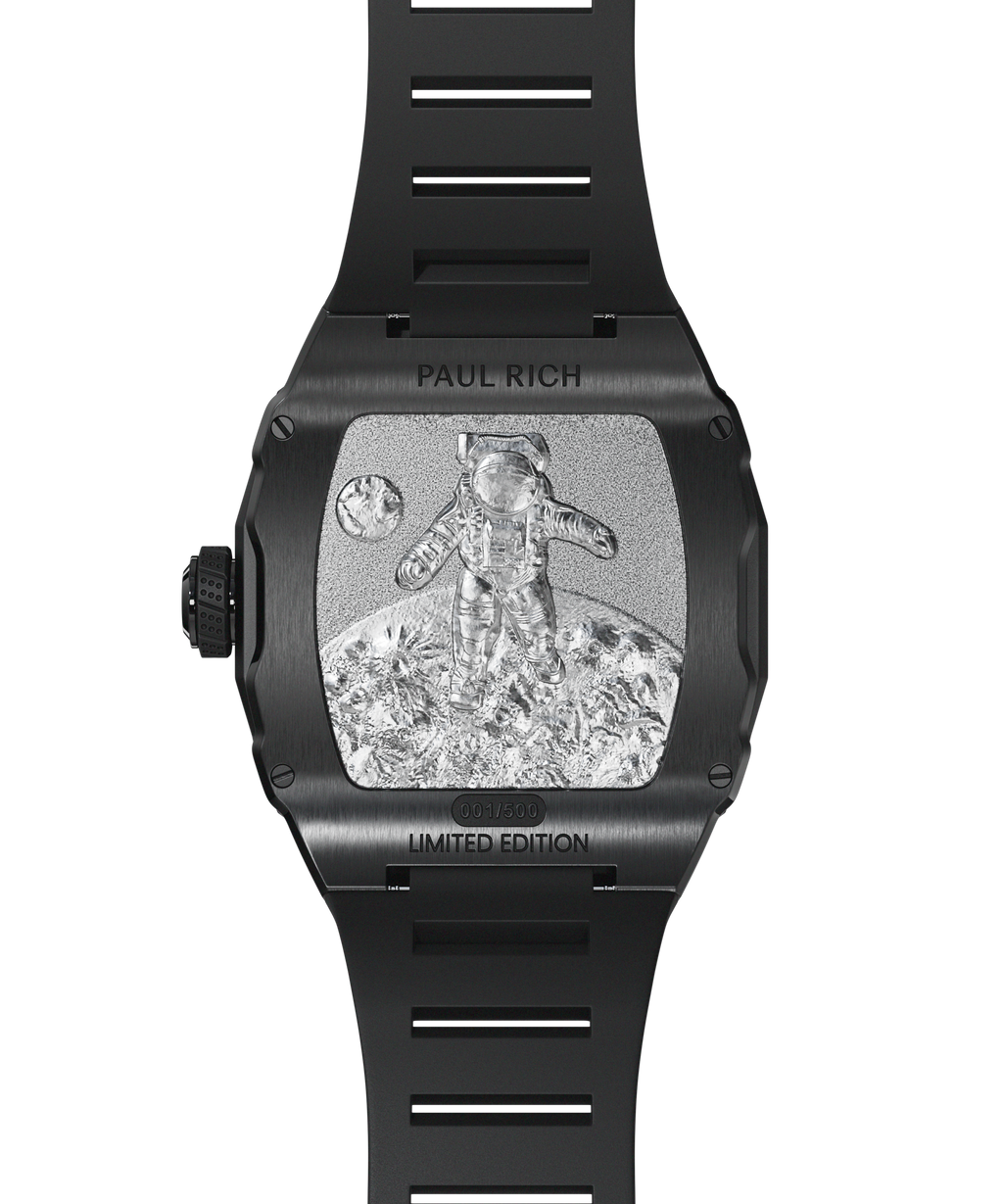 Engraved caseback of Paul Rich Astro Meteora in black, featuring an astronaut on lunar surface with limited edition marking and rubber strap.