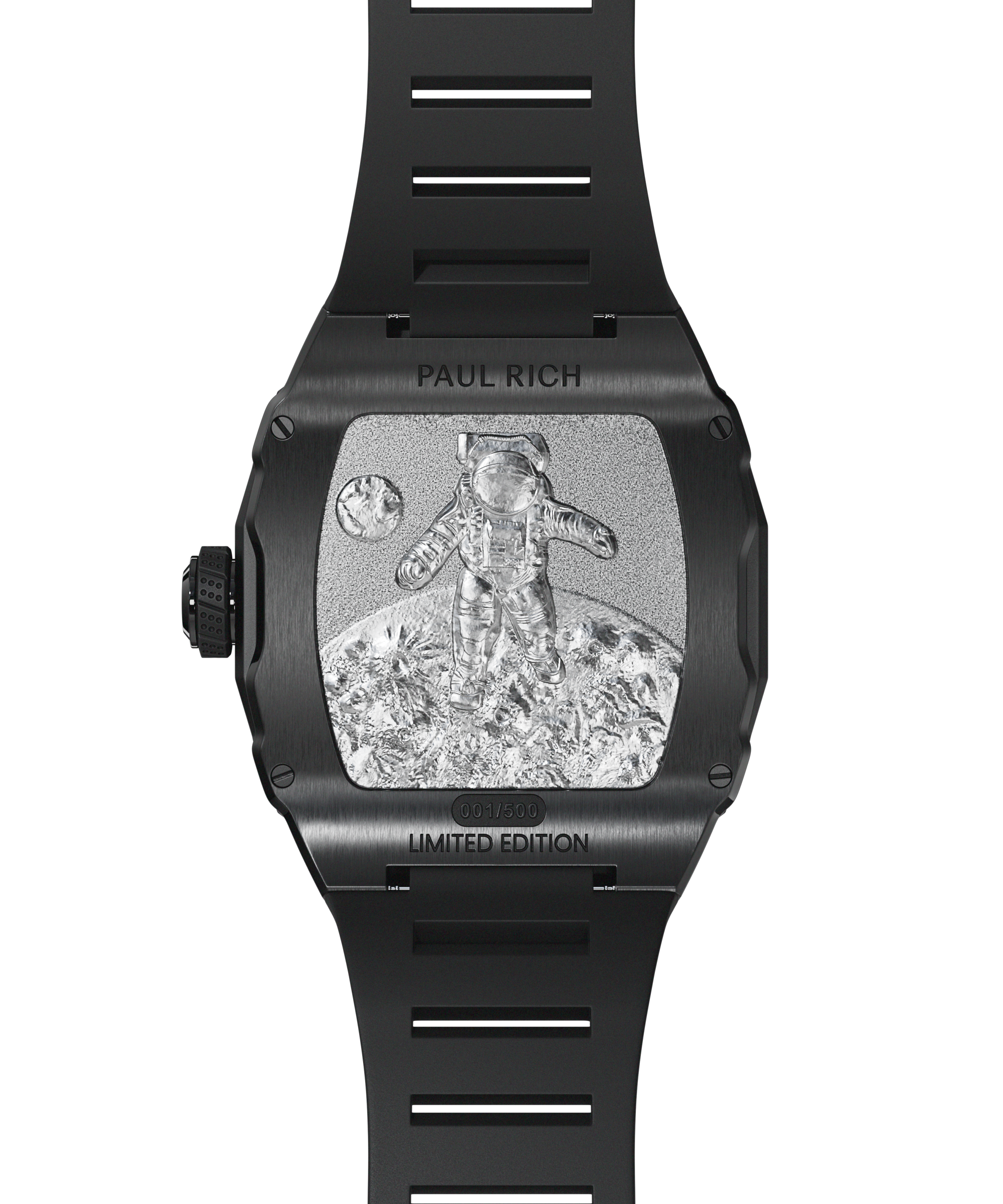 Engraved caseback of Paul Rich Astro Meteora in black, featuring an astronaut on lunar surface with limited edition marking and rubber strap.