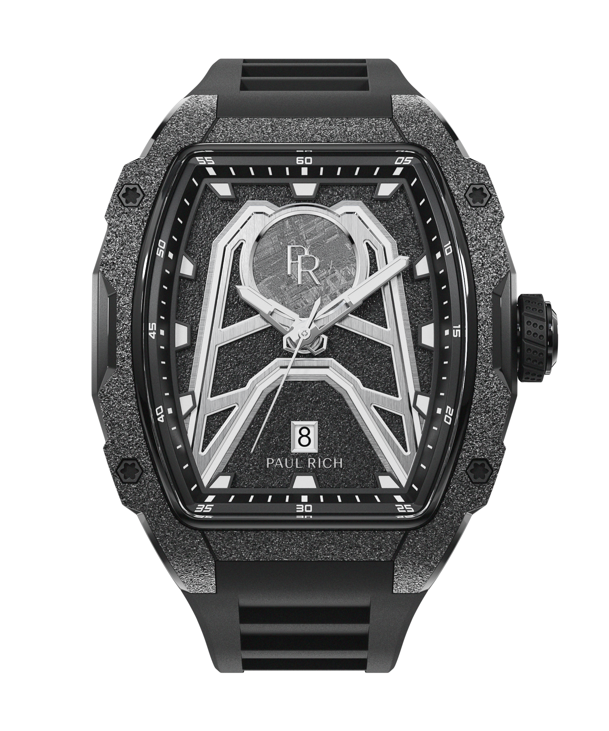 Paul Rich Astro Meteora watch with meteorite inlay, frosted black bezel, black dial details, and black rubber strap with date window at 6.