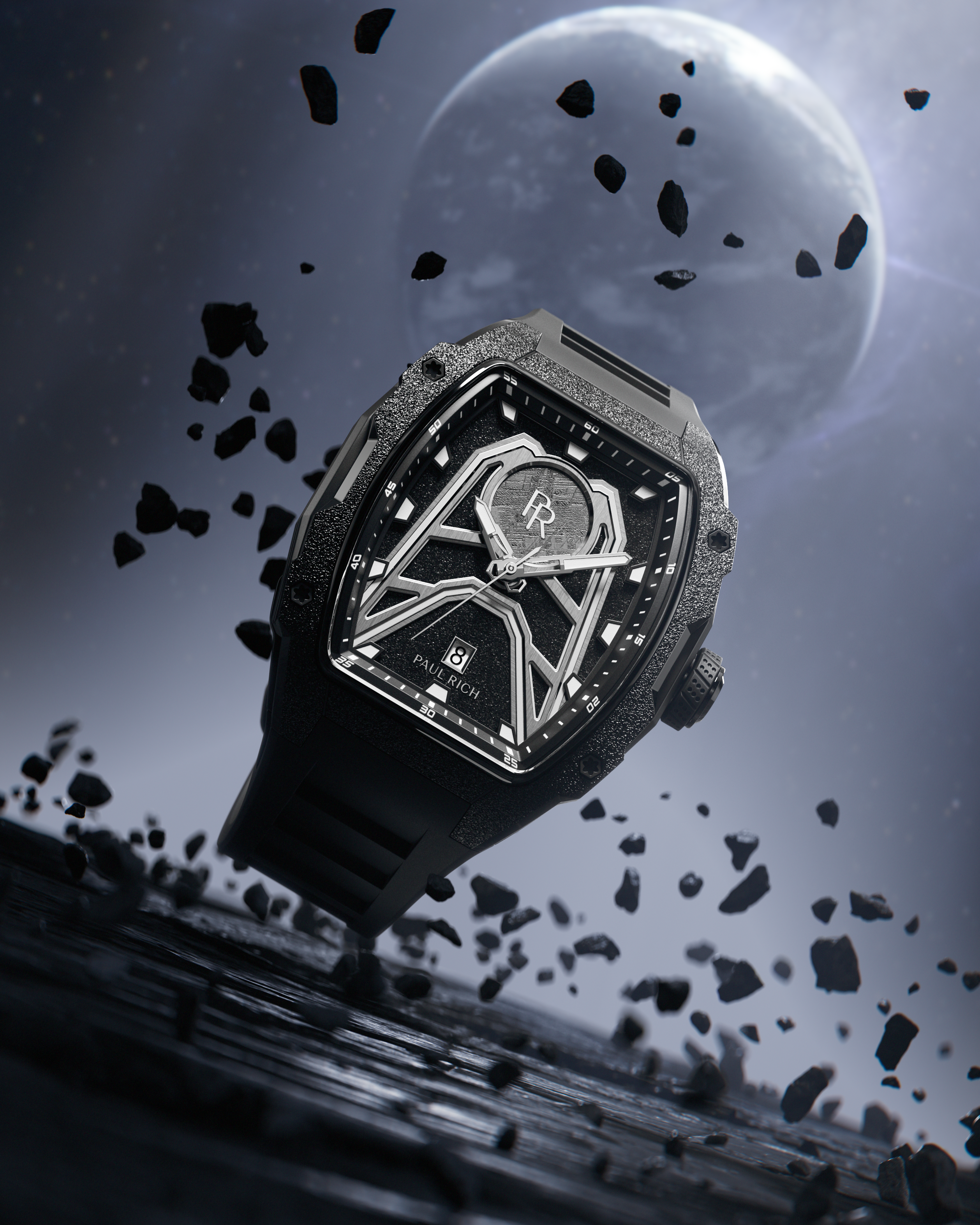 Paul Rich Astro Meteora with meteorite inlay and frosted black bezel, shown in a cosmic scene with floating asteroids and a glowing planet.