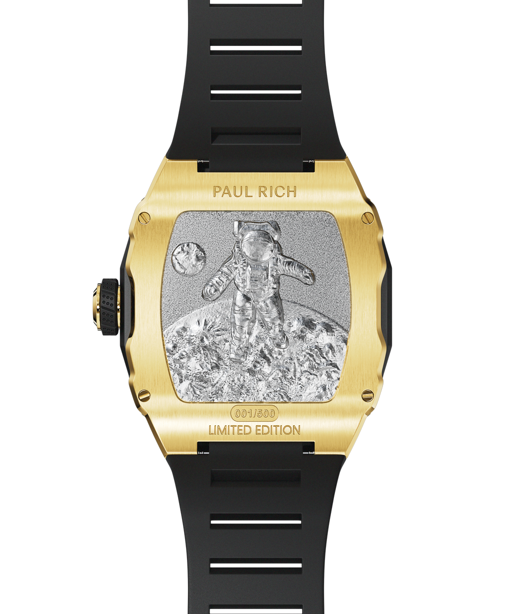 Engraved caseback of Paul Rich Astro Meteora with gold finish, featuring an astronaut on lunar surface and limited edition marking.