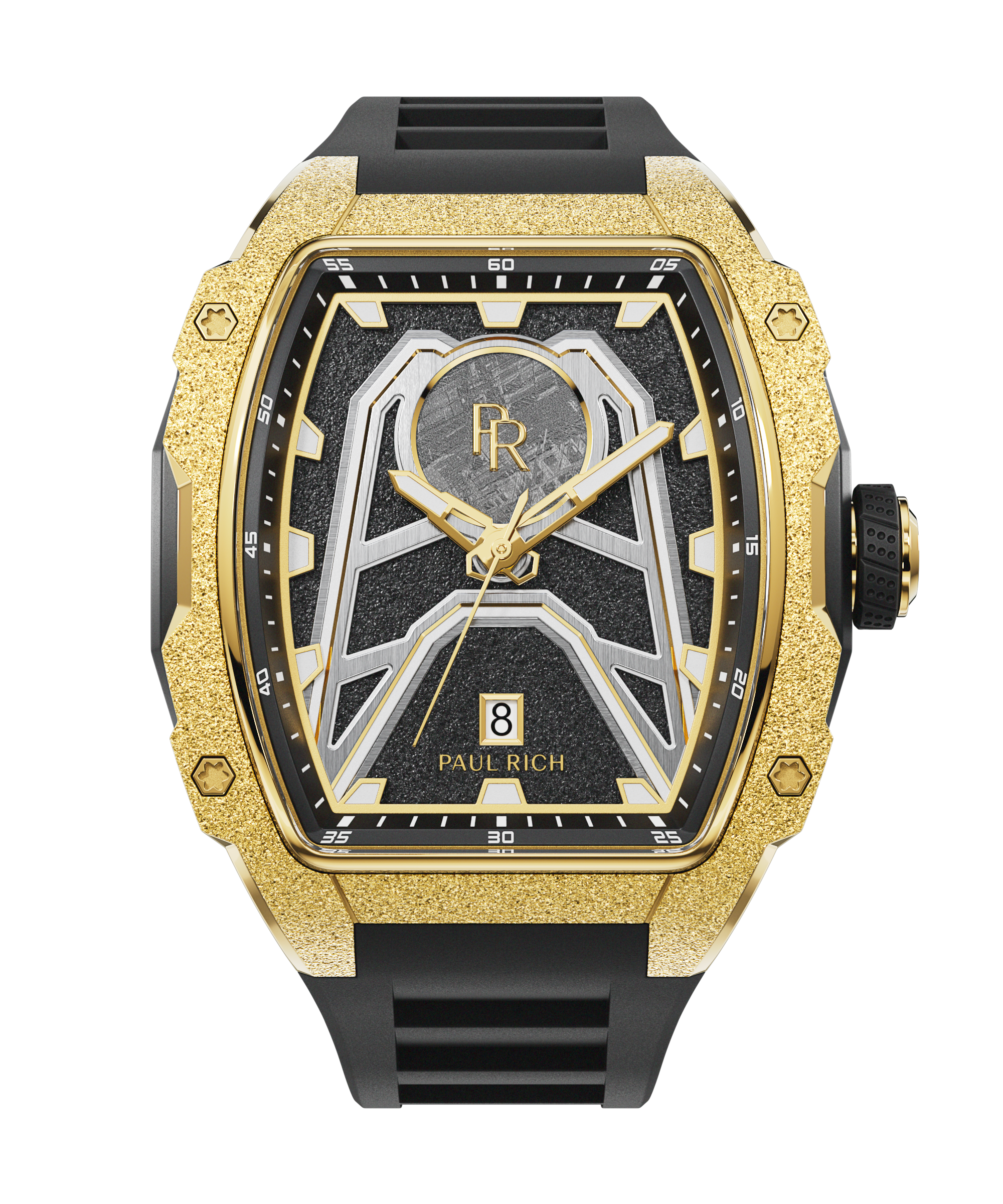 Paul Rich Astro Meteora with frosted gold bezel, meteorite inlay, black dial accents, and black rubber strap with date window at 6 o’clock.