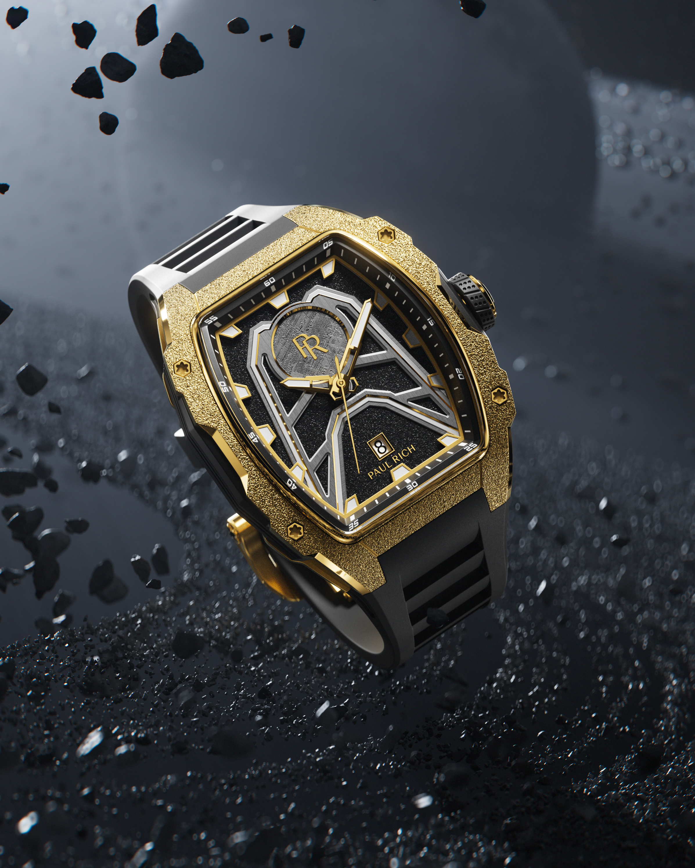Paul Rich Astro Meteora with frosted gold bezel and meteorite inlay, shown in a cosmic scene with black debris and planetary backdrop.