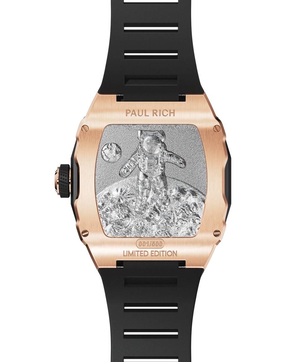 Engraved caseback of Paul Rich Astro Meteora with rose gold finish, astronaut motif, limited edition marking, and black rubber strap.