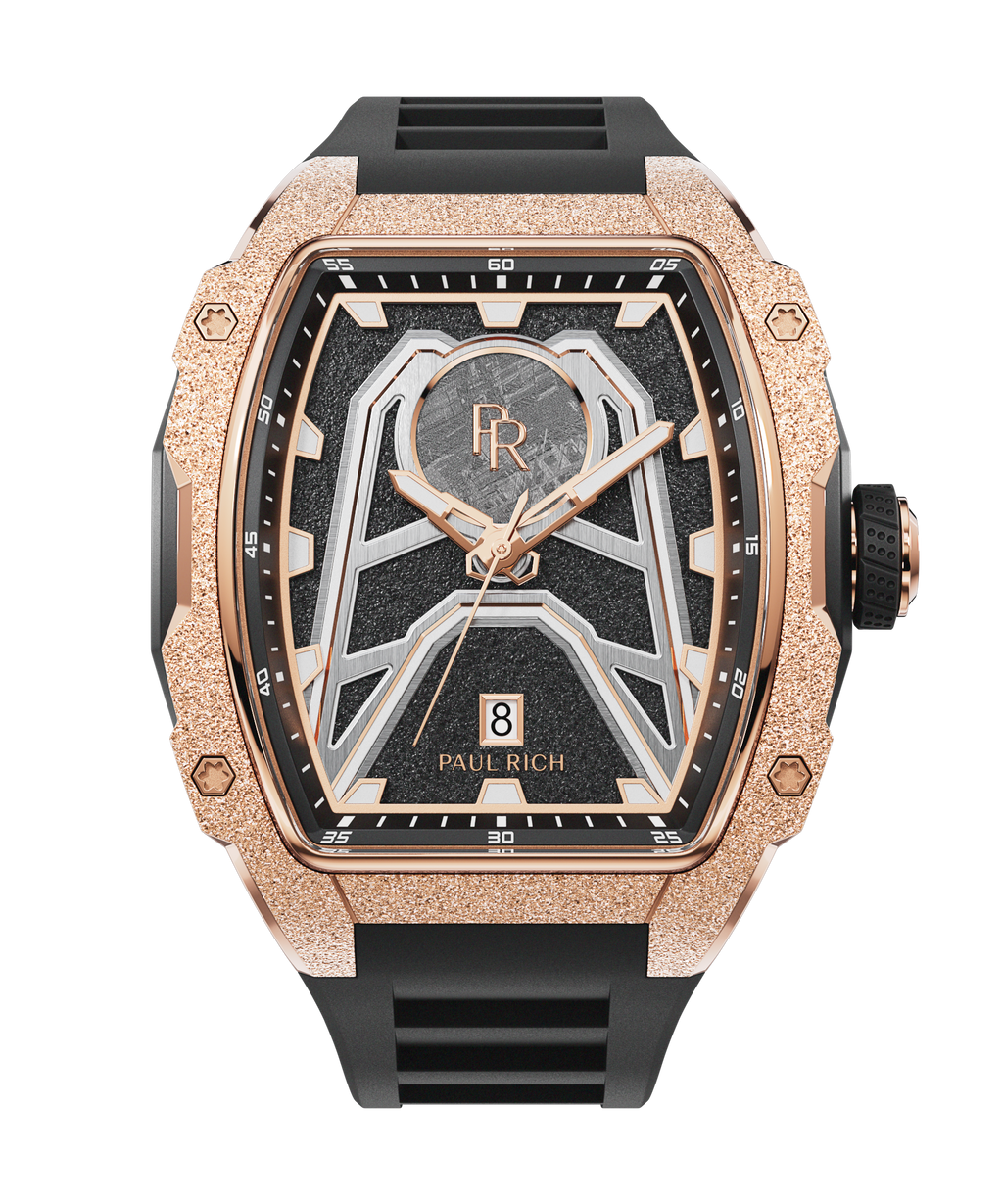 Paul Rich Astro Meteora watch with meteorite inlay, frosted rose gold bezel, black dial accents, and black rubber strap with date at 6.