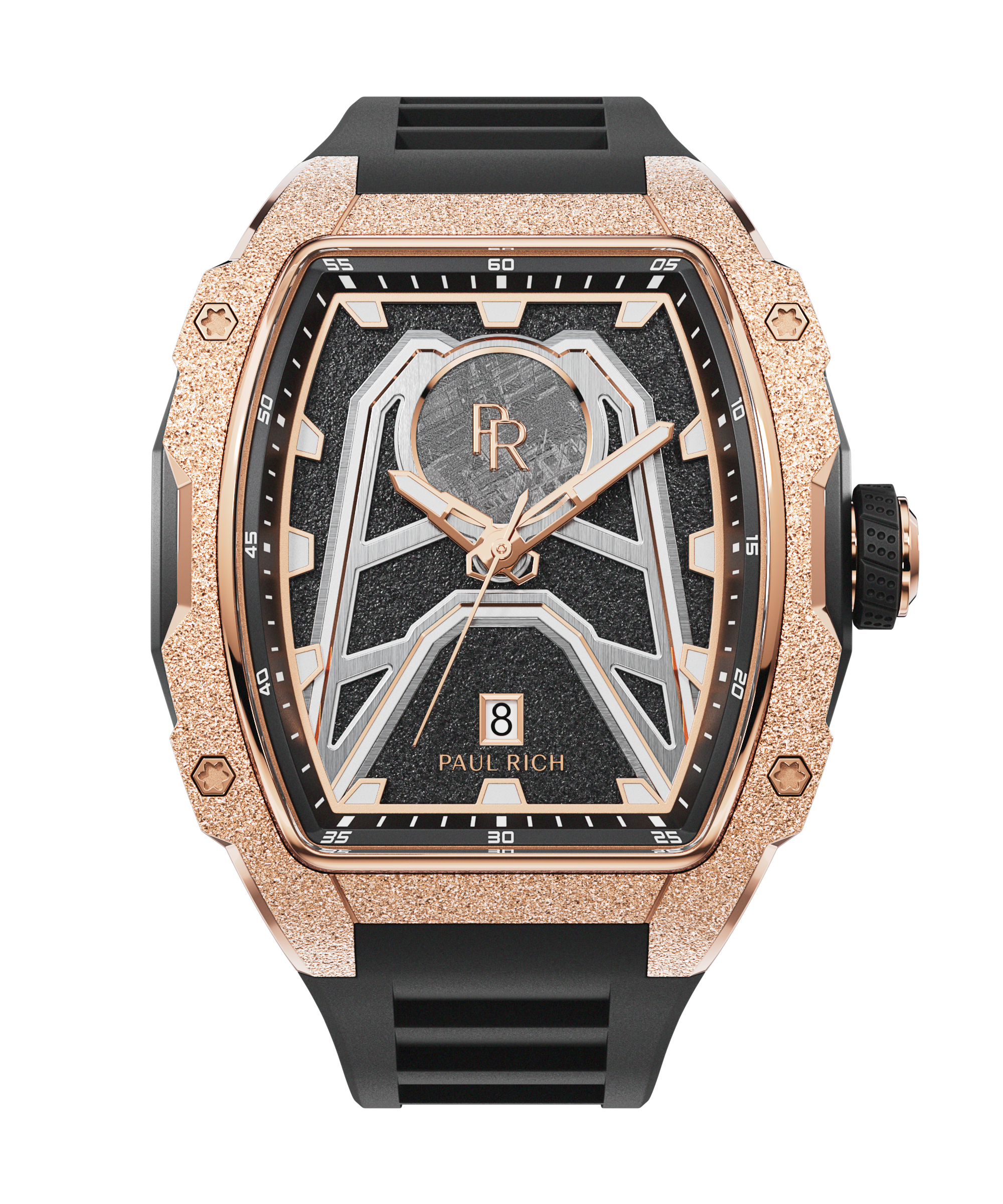 Paul Rich Astro Meteora watch with meteorite inlay, frosted rose gold bezel, black dial accents, and black rubber strap with date at 6.