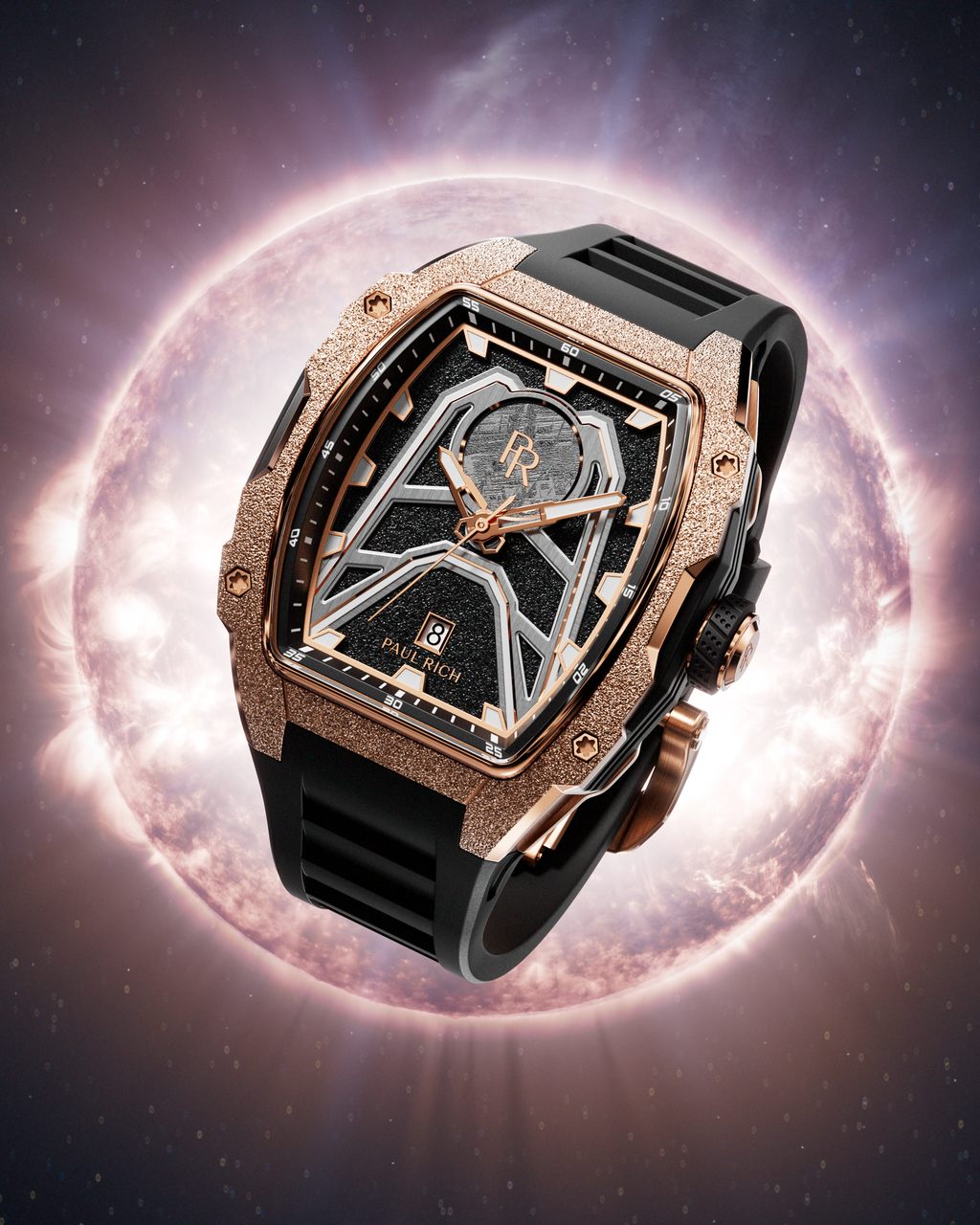 Paul Rich Astro Meteora with frosted rose gold bezel and meteorite inlay, displayed in front of a glowing celestial body in deep space.