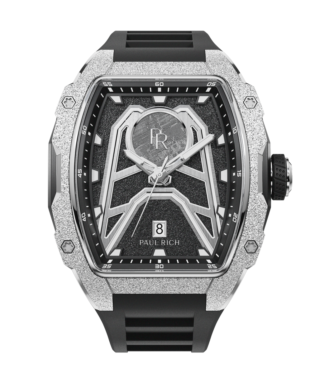 Paul Rich Astro Meteora with frosted silver bezel, meteorite inlay, black dial accents, and black rubber strap with date window at 6.