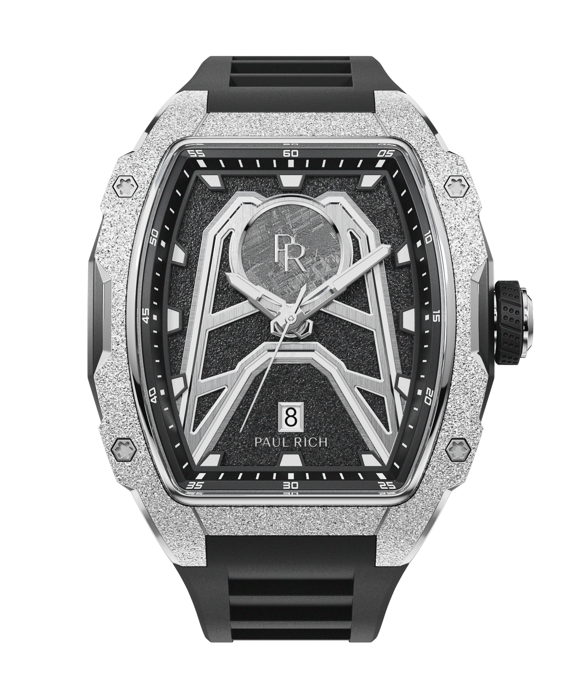 Paul Rich Astro Meteora with frosted silver bezel, meteorite inlay, black dial accents, and black rubber strap with date window at 6.