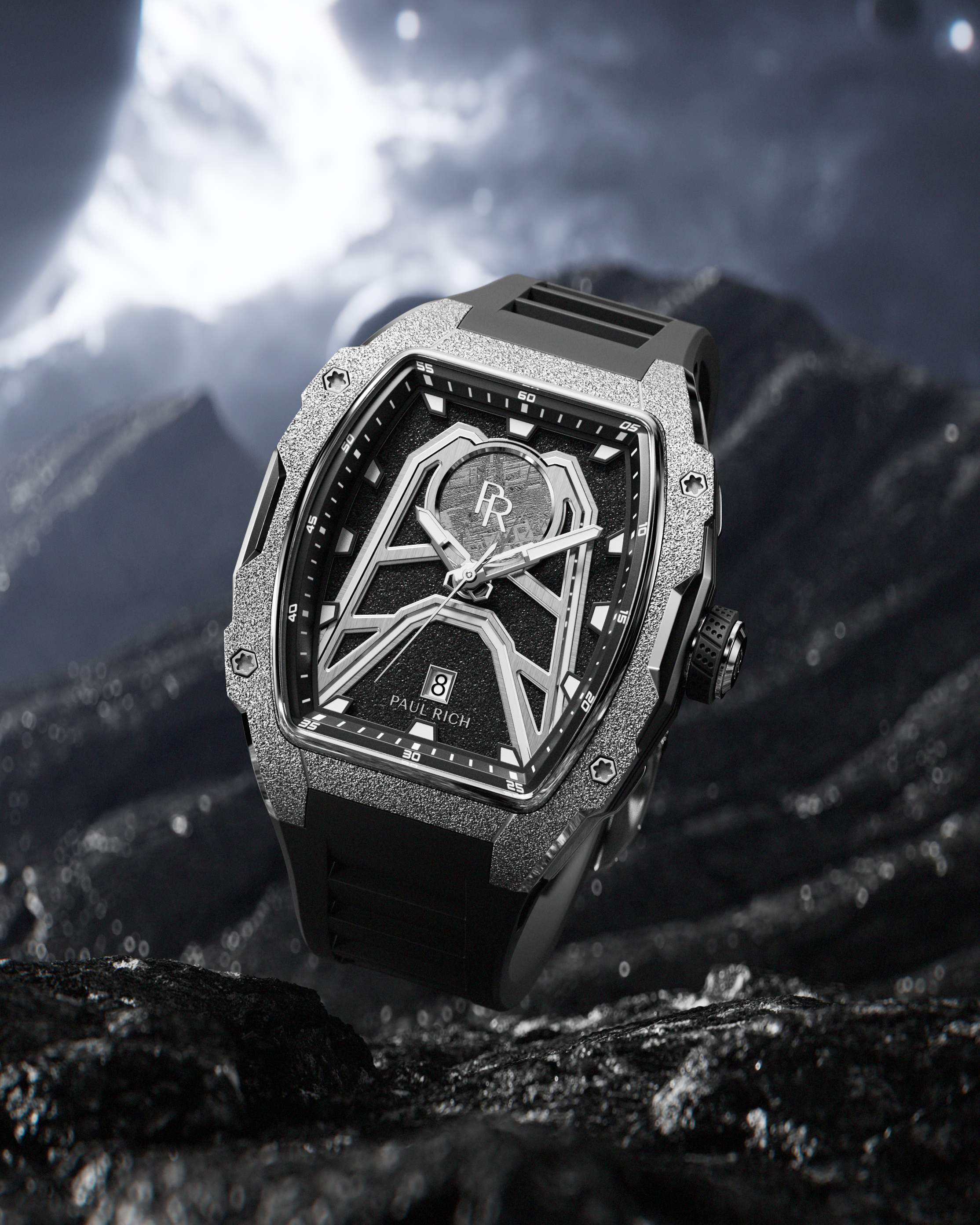 Paul Rich Astro Meteora with frosted silver bezel and meteorite inlay, displayed on a rugged extraterrestrial surface with a glowing planet.