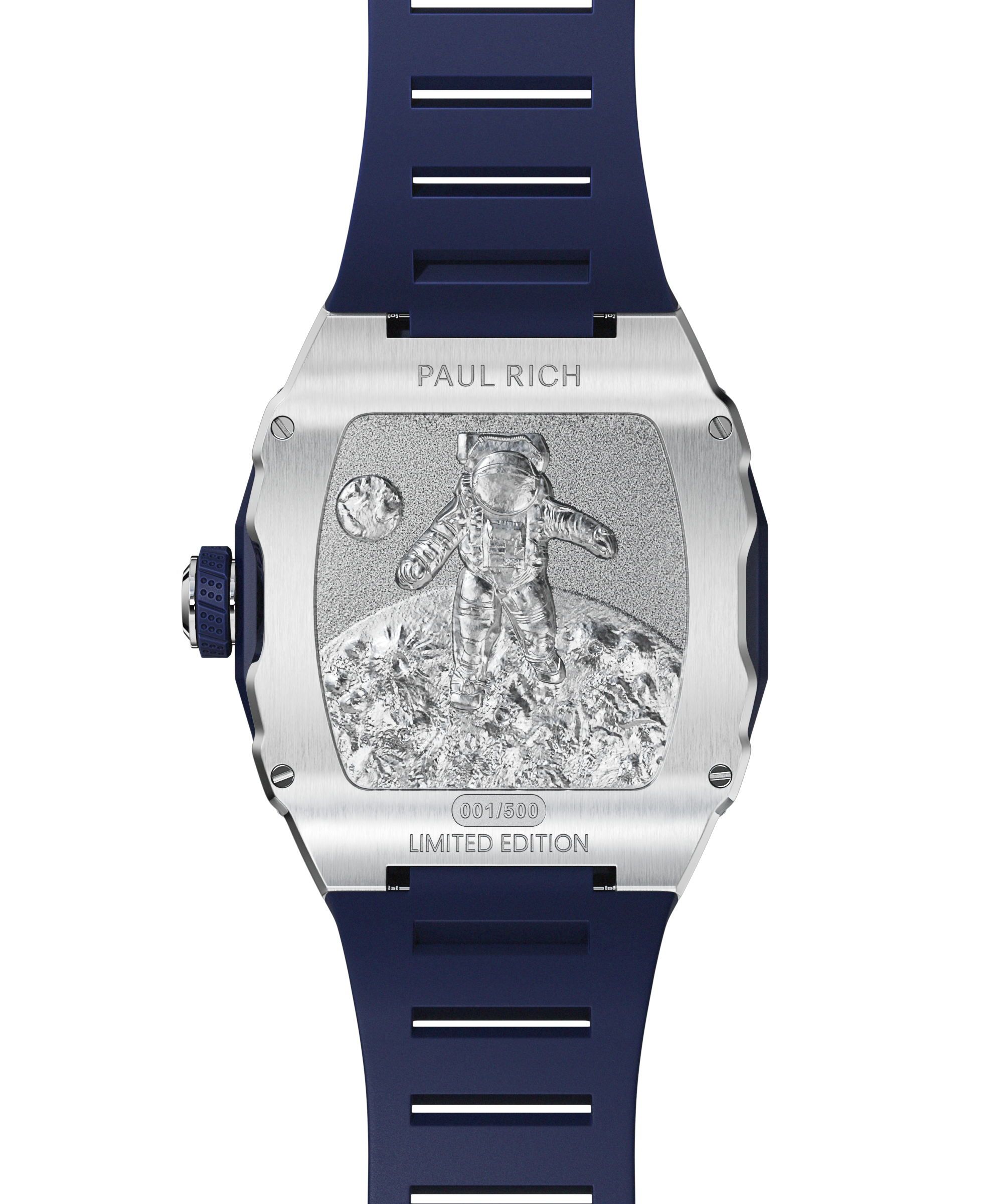 Engraved caseback of Paul Rich Astro Meteora showing astronaut on lunar surface, with limited edition marking and navy rubber strap.