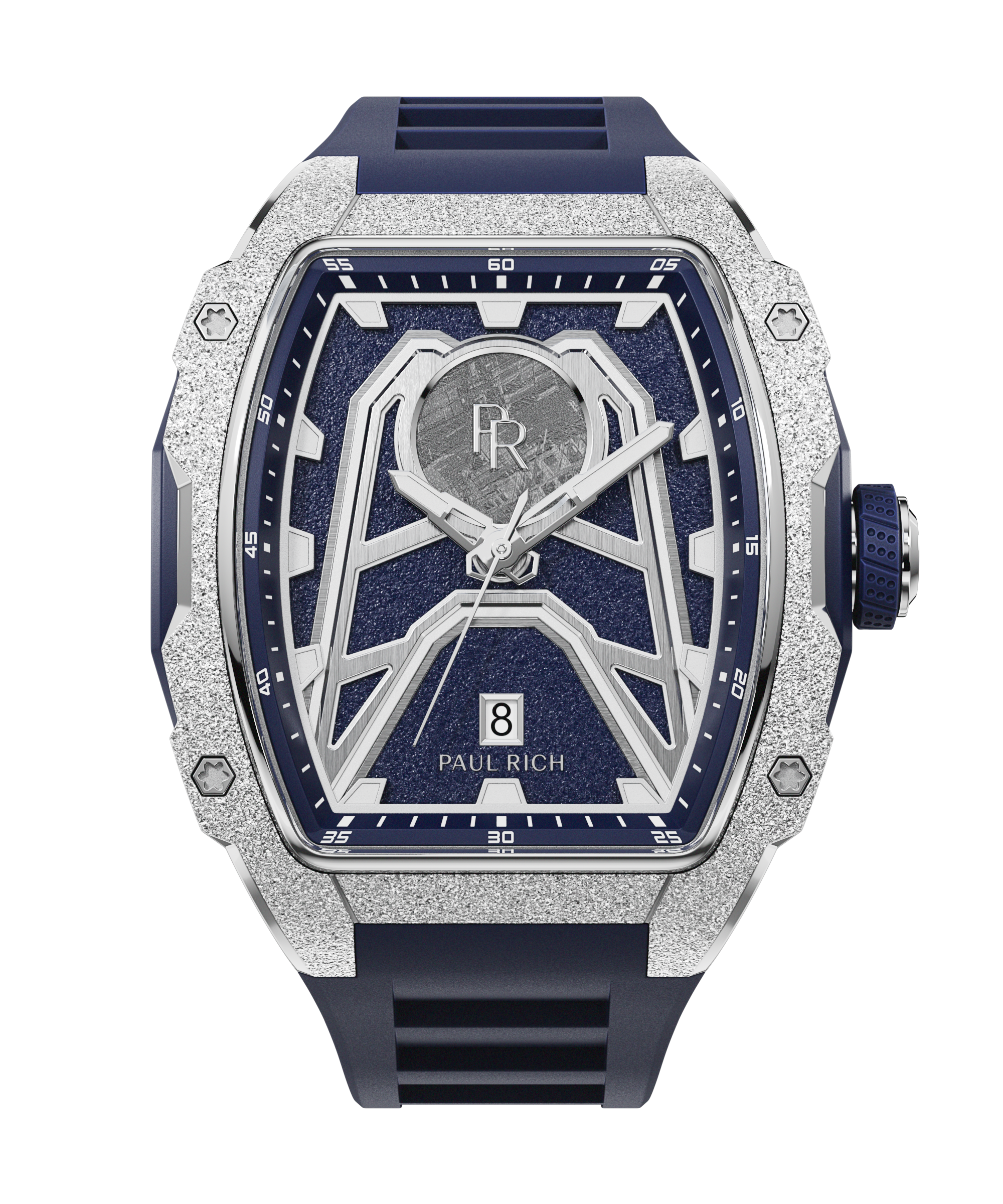 Paul Rich tonneau-shaped watch with frosted silver bezel, navy strap, aventurine dial, central meteorite inlay, and date window at 6.