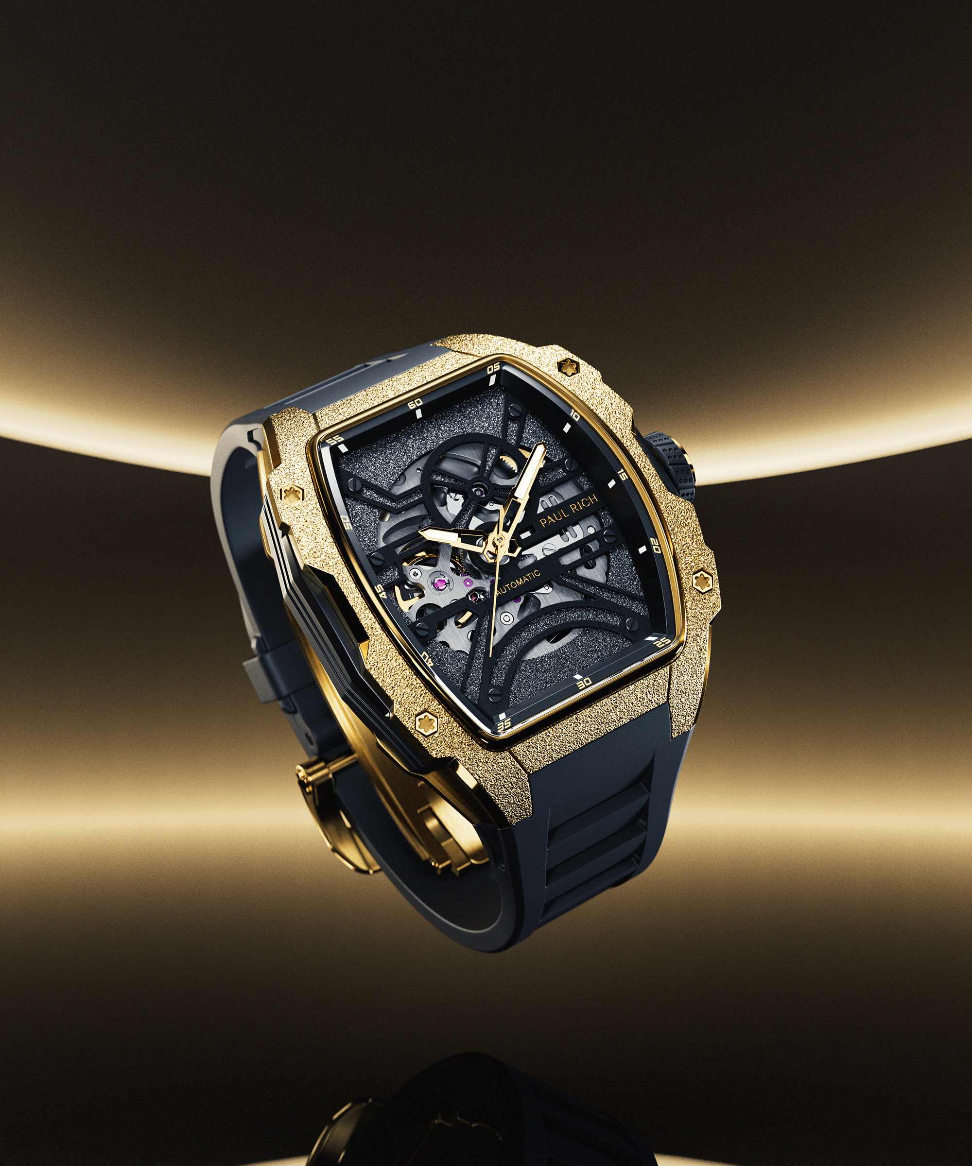 Paul Rich watch with frosted gold tonneau case, skeleton dial, and black strap, shown floating against a dark gold gradient background.