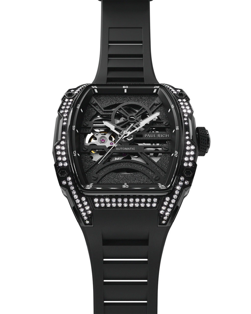 Angled view of black skeleton watch with diamond-set case and black strap, showing exposed movement on white background.