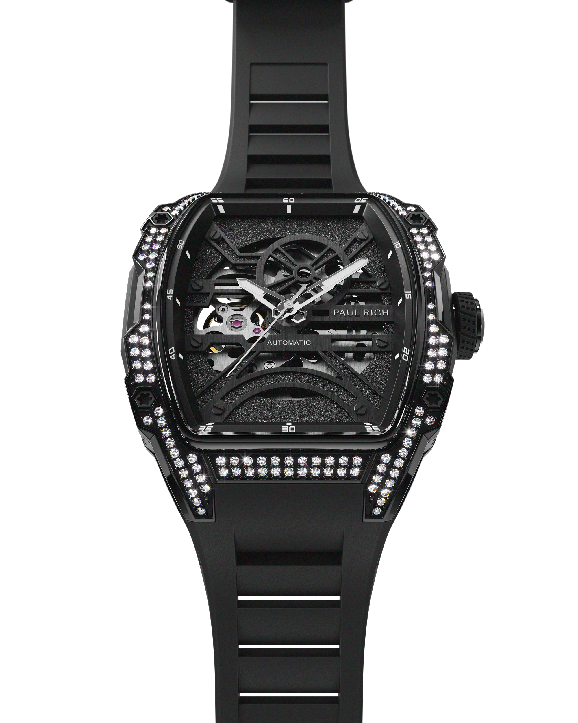 Angled view of black skeleton watch with diamond-set case and black strap, showing exposed movement on white background.