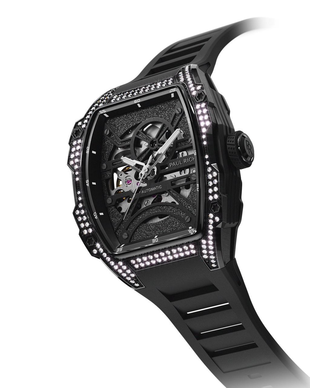 Angled view of black open dial luxury watch with silver movement, diamond-set black case, and black strap on black background.