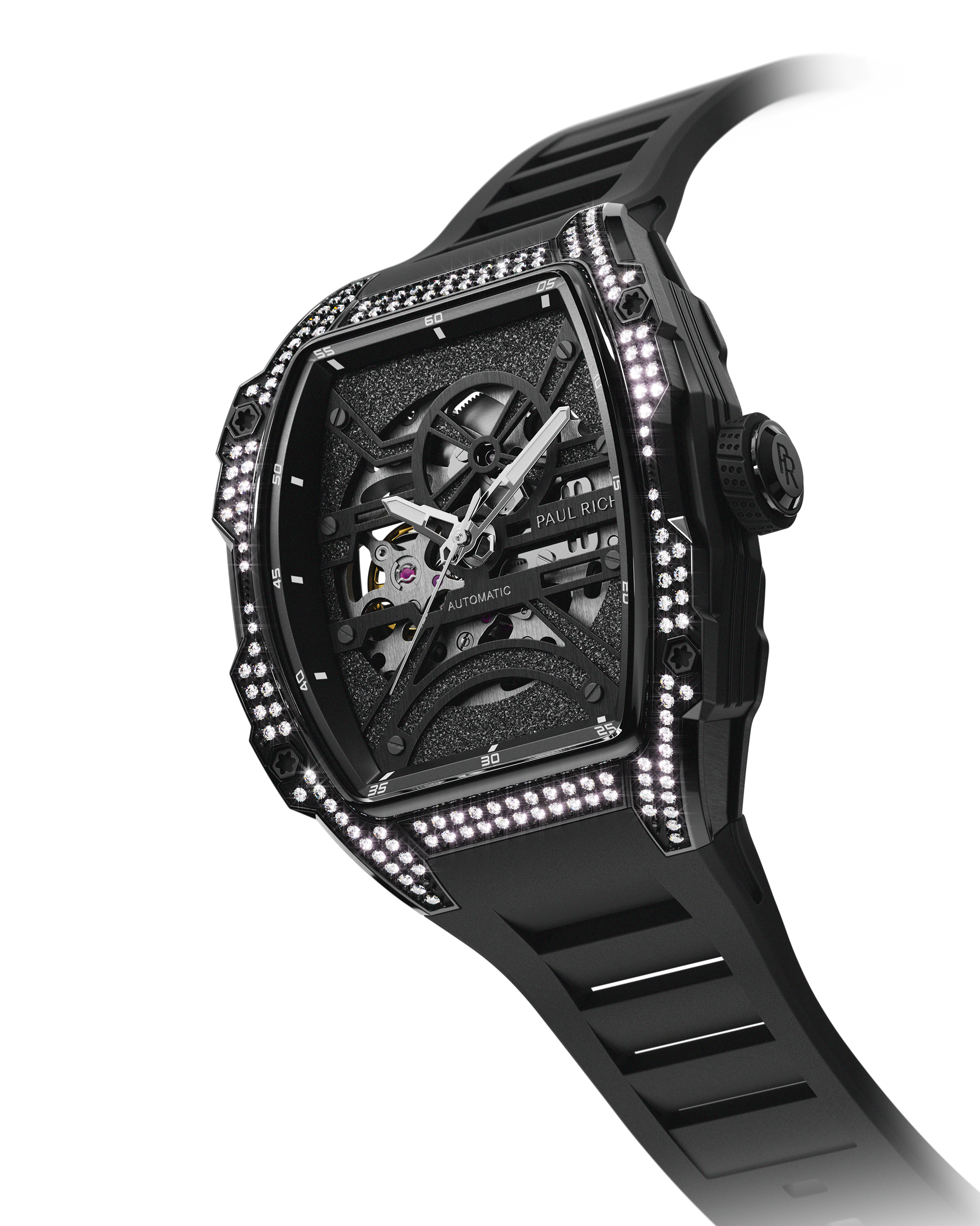 Angled view of black open dial luxury watch with silver movement, diamond-set black case, and black strap on black background.