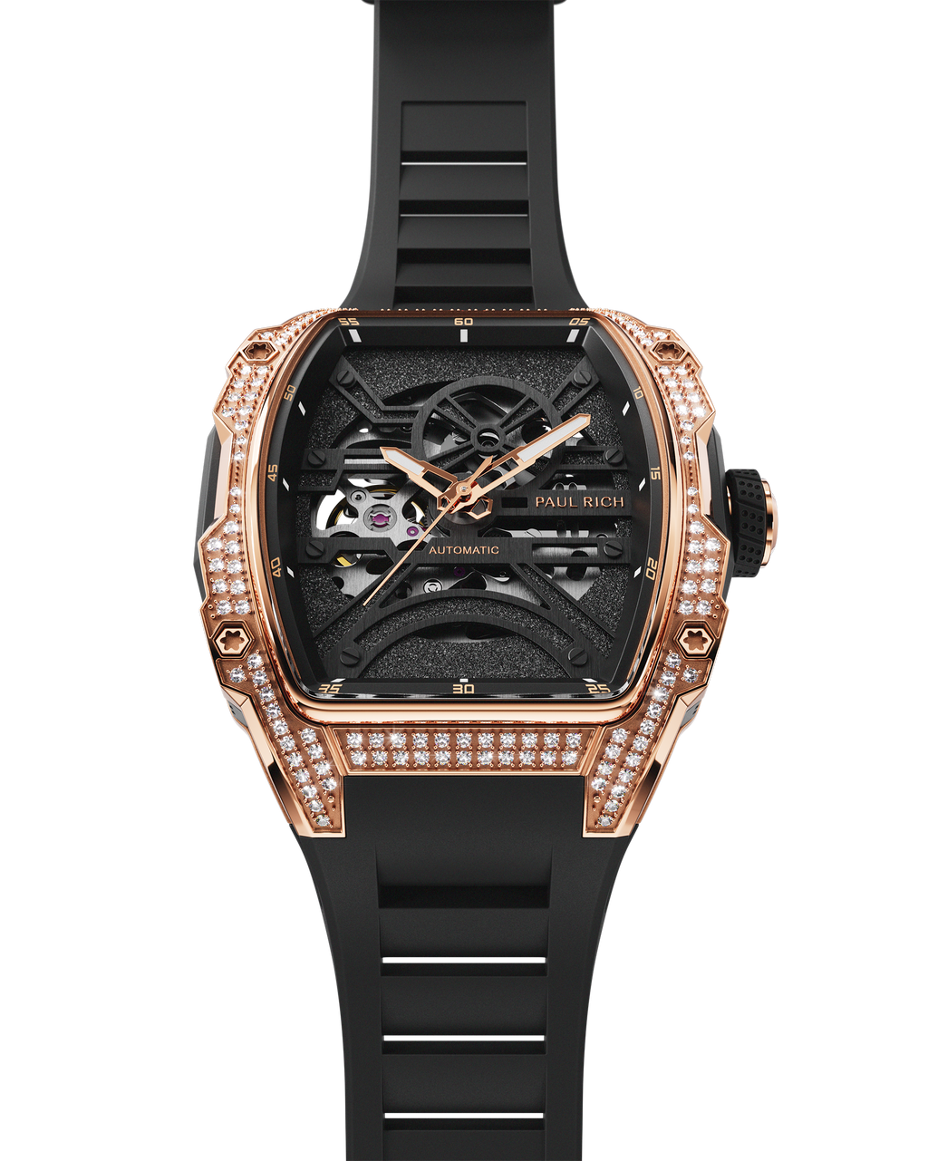 Luxury skeleton watch with rose gold and diamond case, black dial, and black strap shown on a white background.