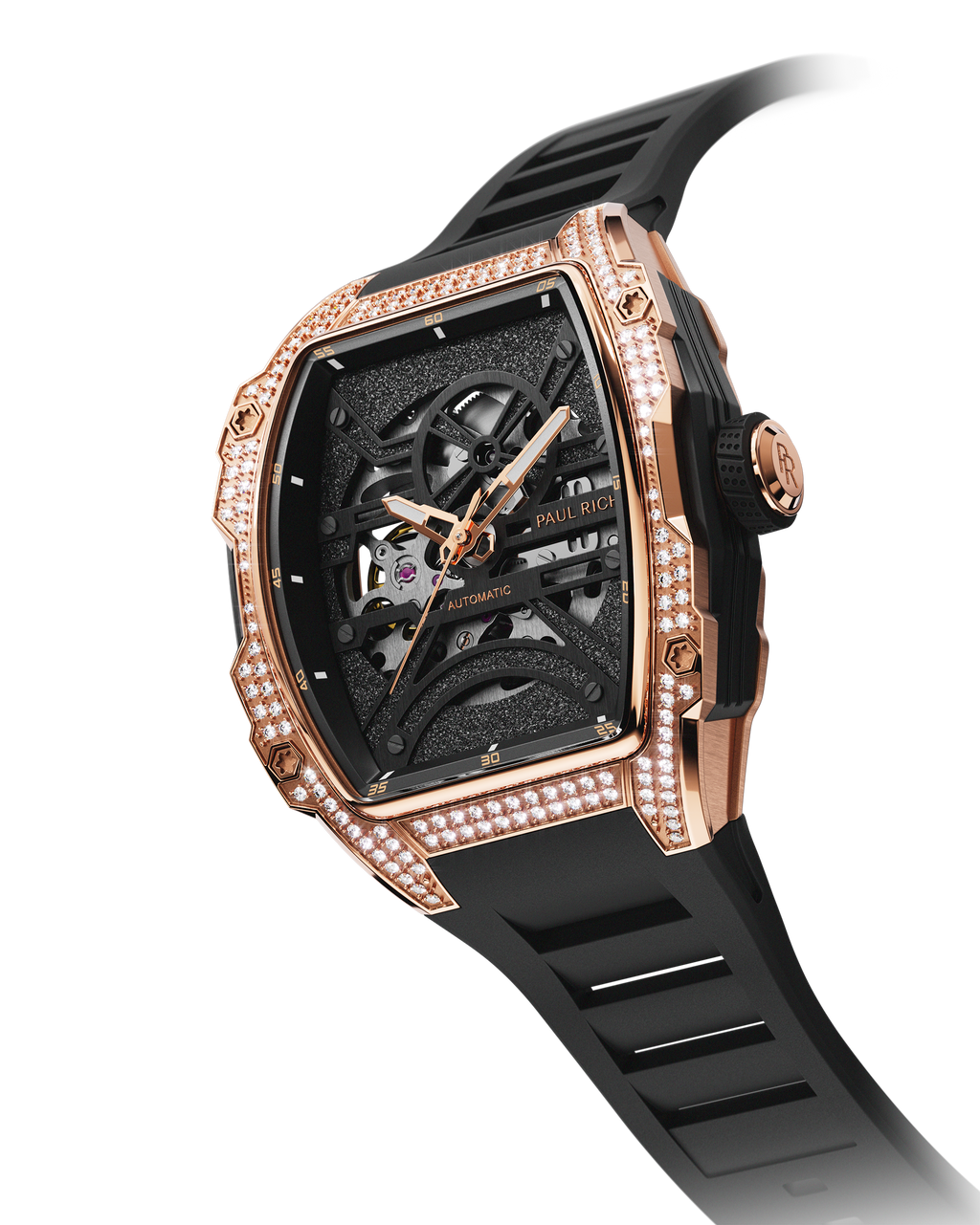 Angled view of luxury skeleton watch with rose gold diamond case, black dial, and black strap on white background.