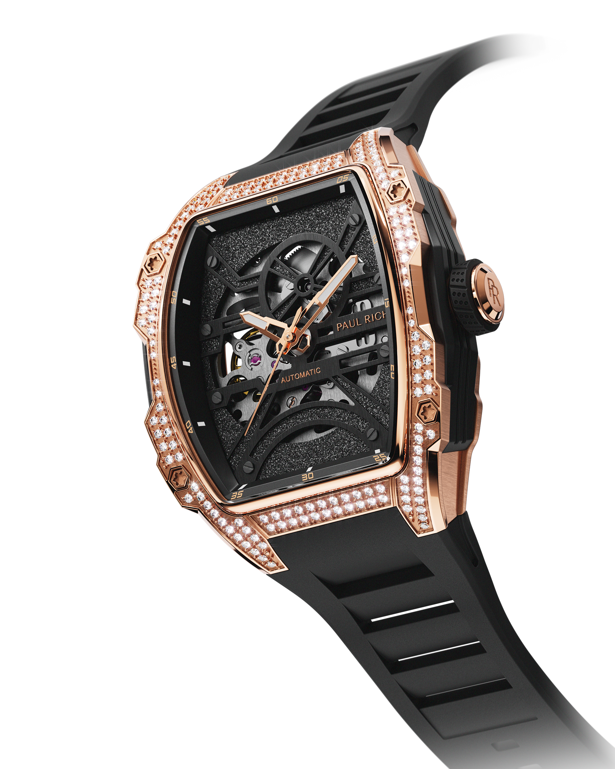 Angled view of luxury skeleton watch with rose gold diamond case, black dial, and black strap on white background.
