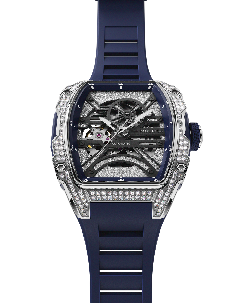 Front view of open dial watch with diamond-set silver case and navy blue strap, shown on transparent background.